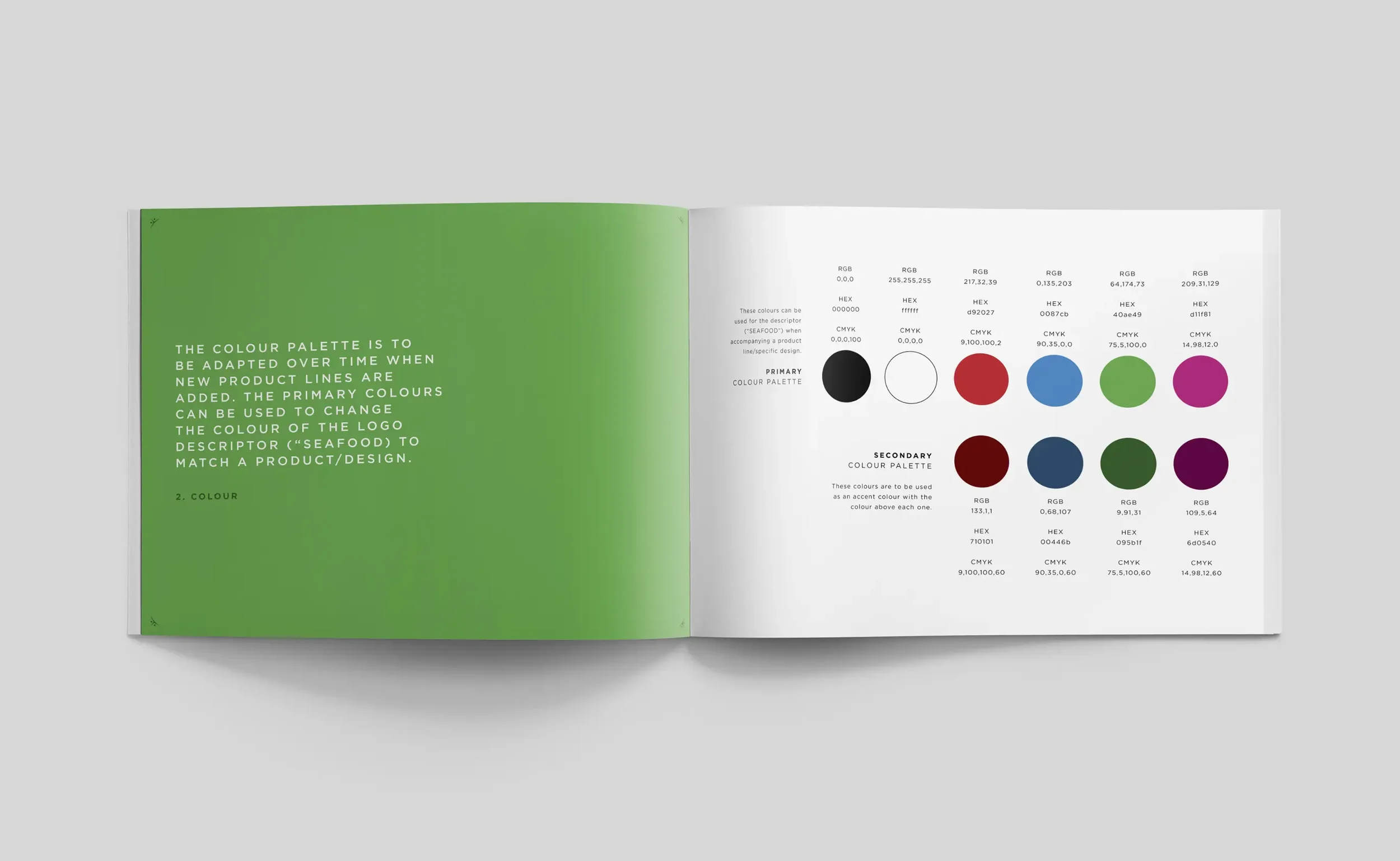 Interior spread of Gratitude Seafood brand guidelines showing primary and secondary colour palettes