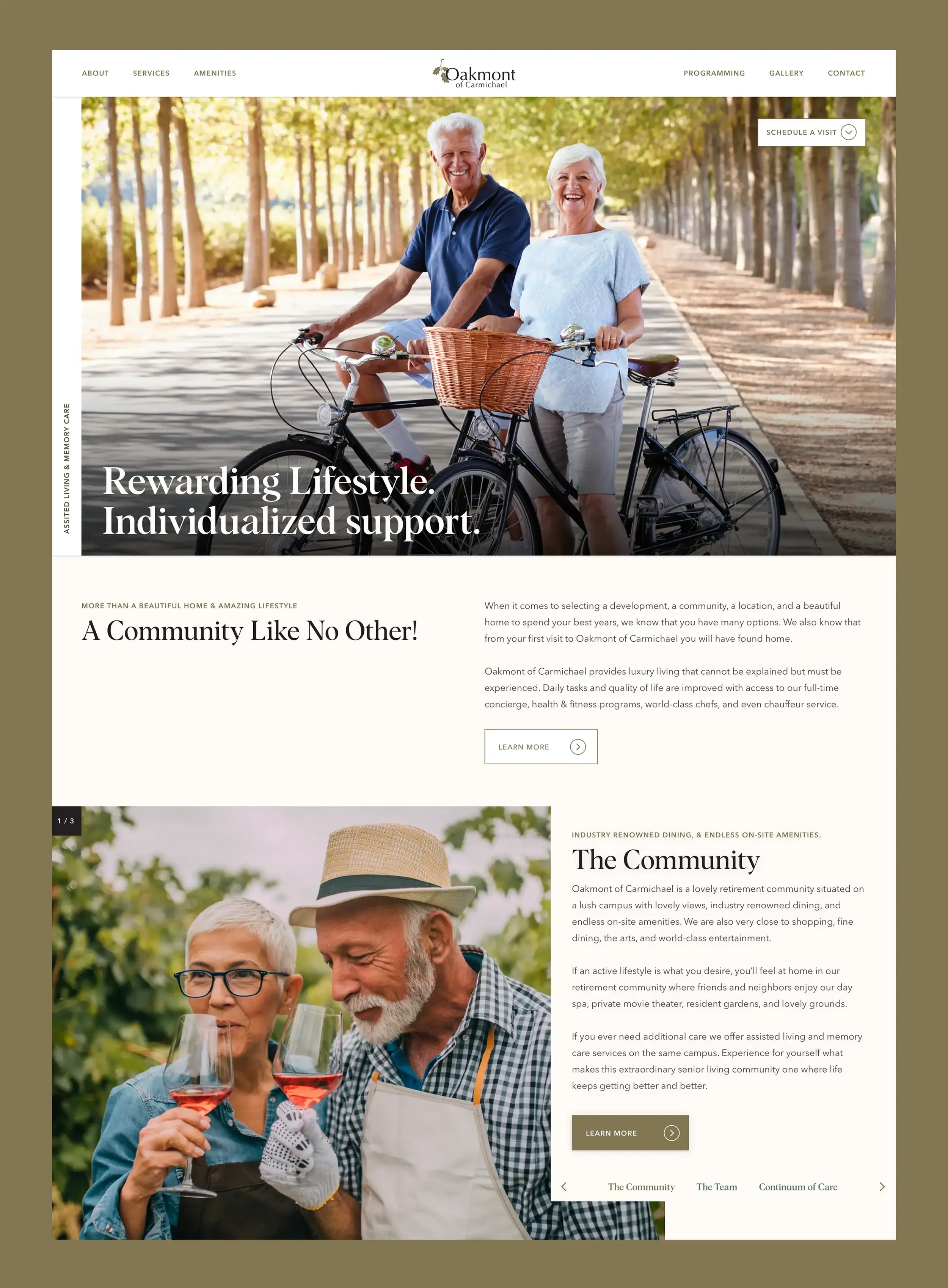 A closer look at the homepage design which is mostly white with dark gold accents. Happy older couple shown on bikes with headline "Rewarding Lifestyles. Individualized Support."