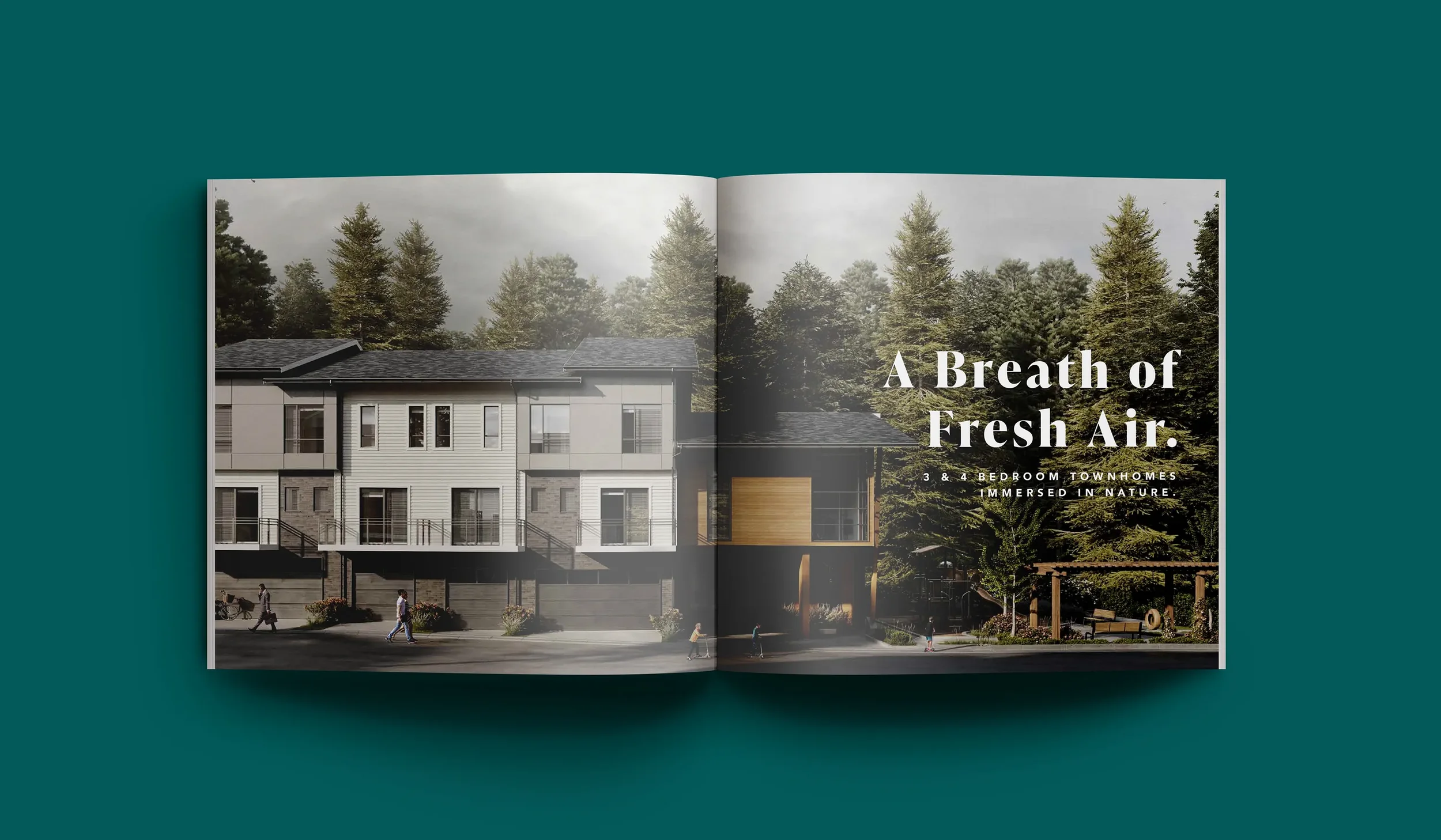 Interior spread of brochure with an exterior rendering showing people playing and going to work and large text on top reading "A Breath of Fresh Air"