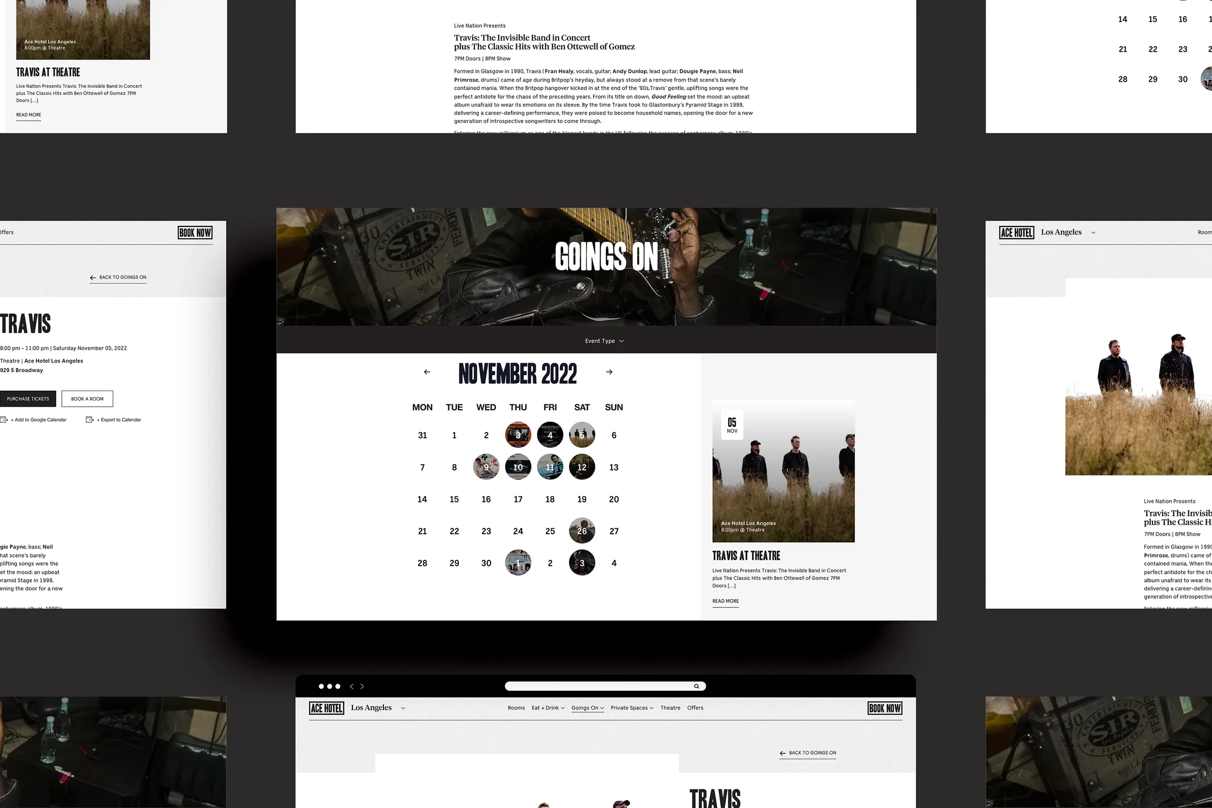 UI for an event's calendar. showing the month in full and dates with events highlighted with an image