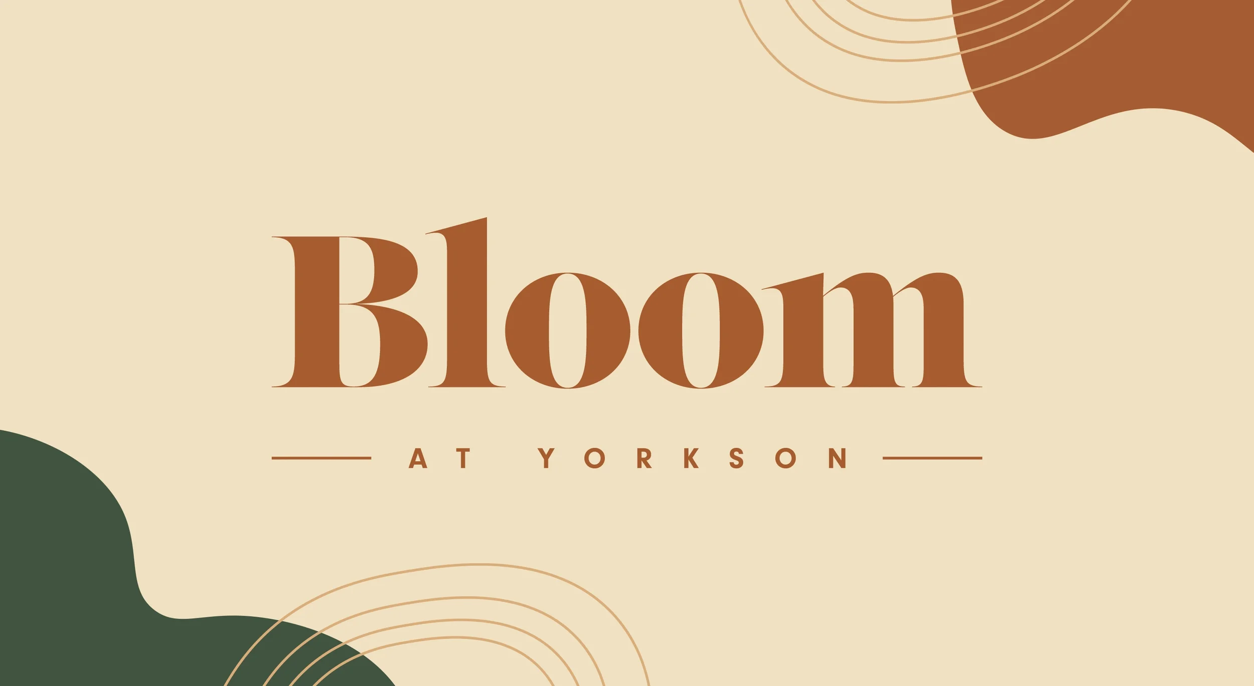 Bloom at Yorkson identity in rich natural colours accompanied by organic shapes.