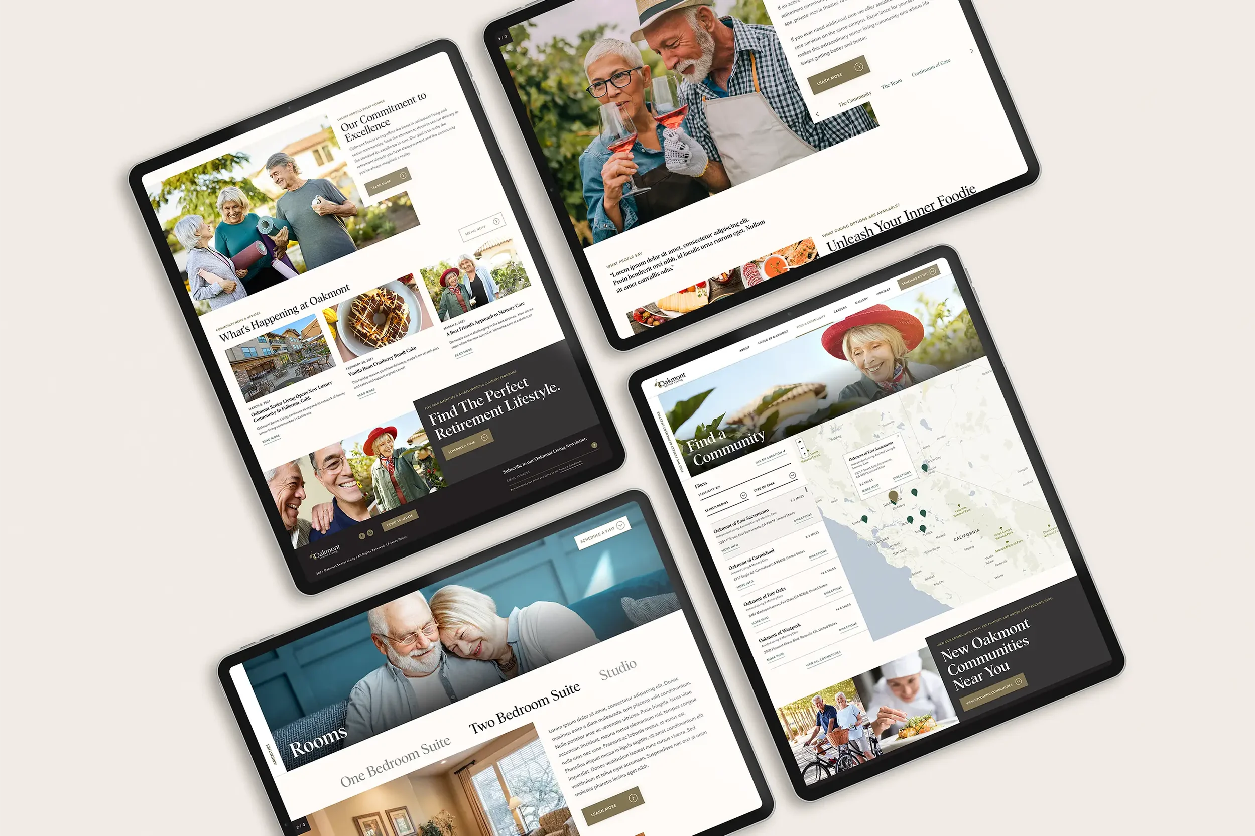 four iPads showing different parts of the Oakmont Senior Living website