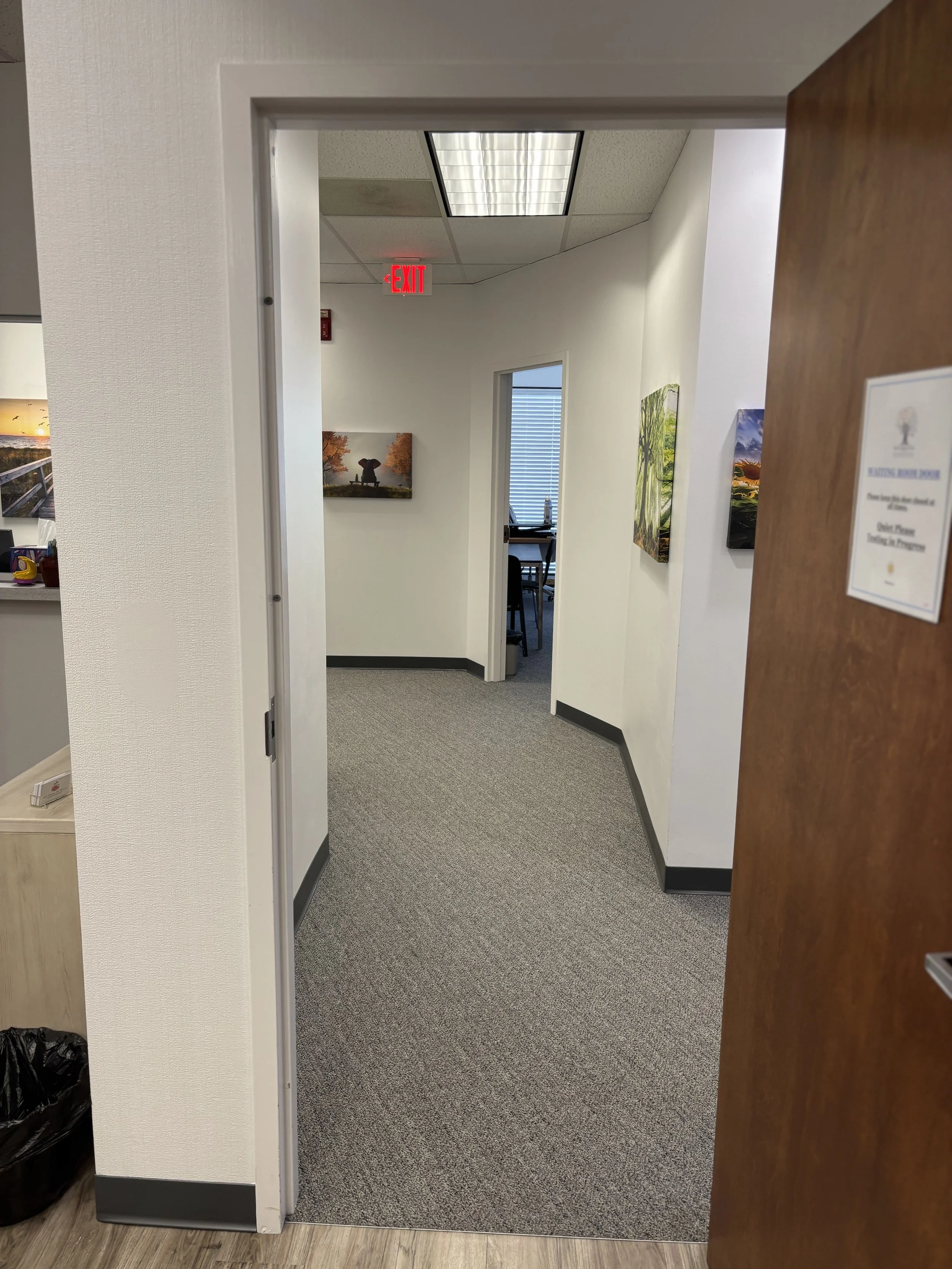 View of an office hallway with white walls, a carpeted floor, and artwork on the walls. The hallway has a door opening to a room with a window, desks, and chairs. A red "EXIT" sign is visible on the ceiling.
