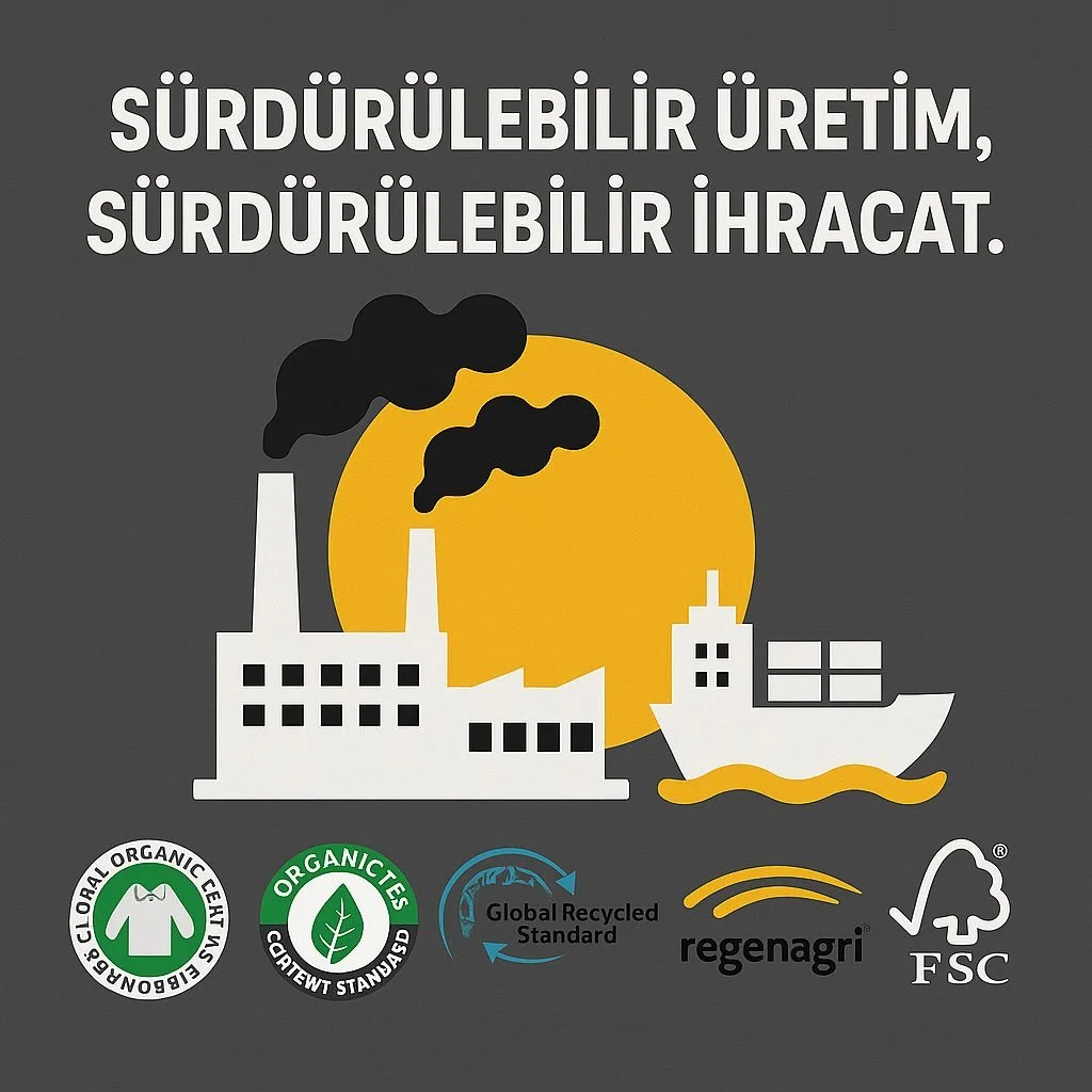 GOTS, OCS, GRS, RCS, REGENAGRI ve FSC gibi uluslararası sertifikalar, fabrikaların sürdürülebilir üretim yaptığını belgeleyerek ihracat pazarlarında tercih edilmesini sağlar. Bu belgeler, özellikle AB ve Kuzey Amerika gibi &c