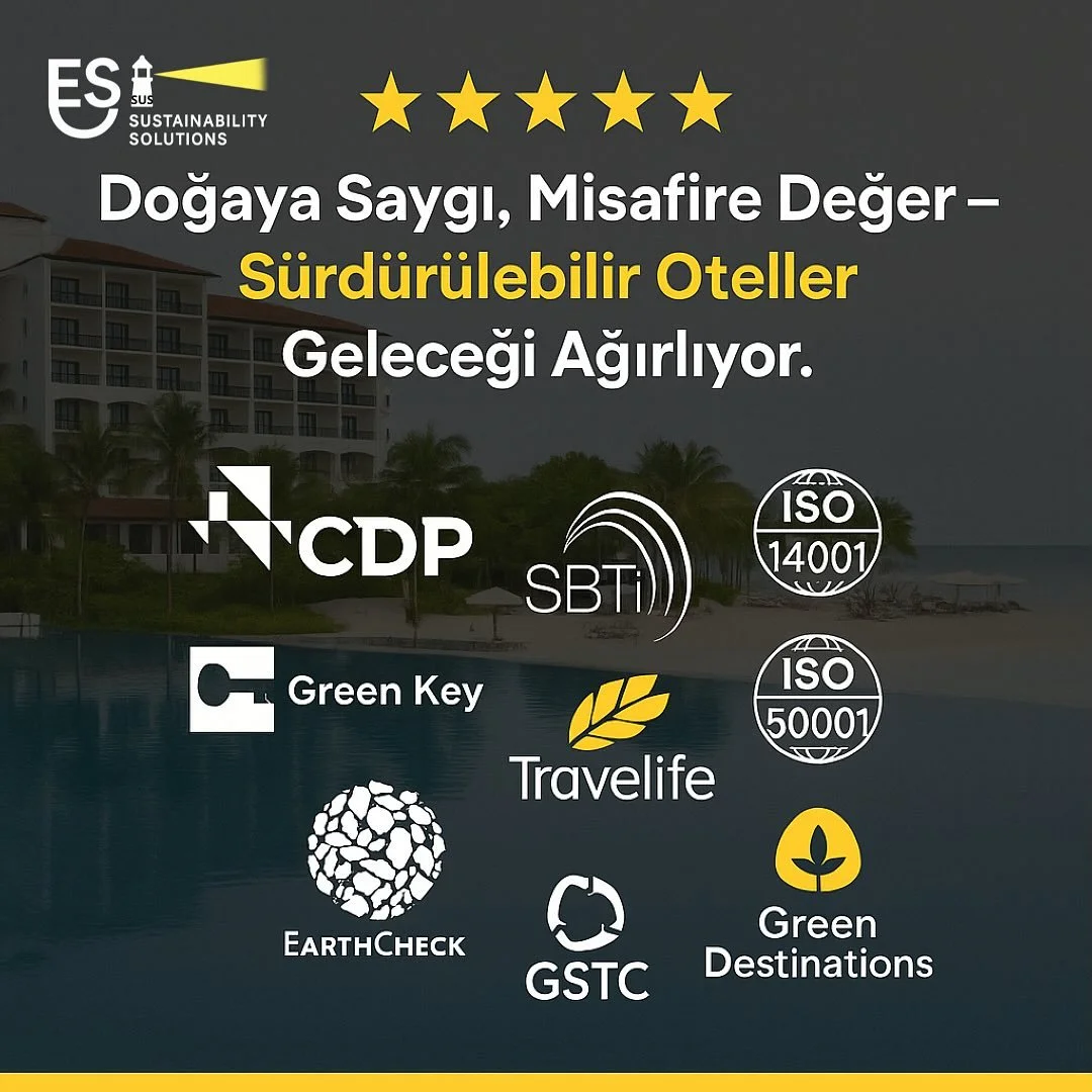 Otellerin CDP, SBTi, ISO 14001, ISO 50001, Green Key, Travelife, GSTC, EarthCheck, Green Destinations, ISO 46001, MSG ve Yeşil Yıldız gibi sürdürülebilirlik sertifikalarına sahip olması; AB Yeşil Mutabakatı ve çevre odaklı reg&u