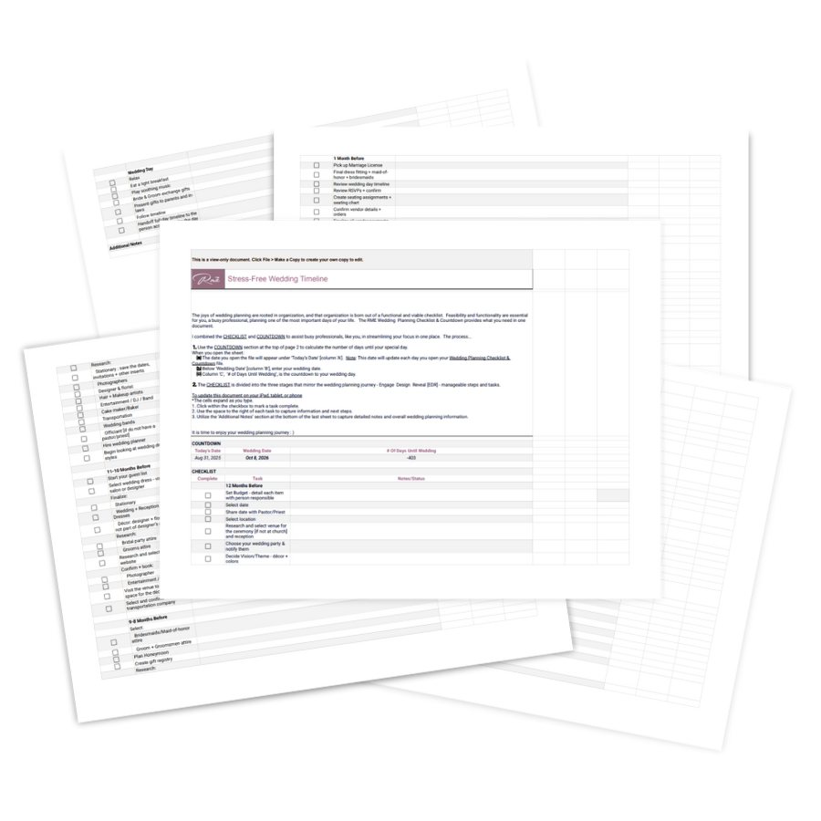 Three overlapping documents or spreadsheets on a black background, with visible checklists and a wedding planning timeline.