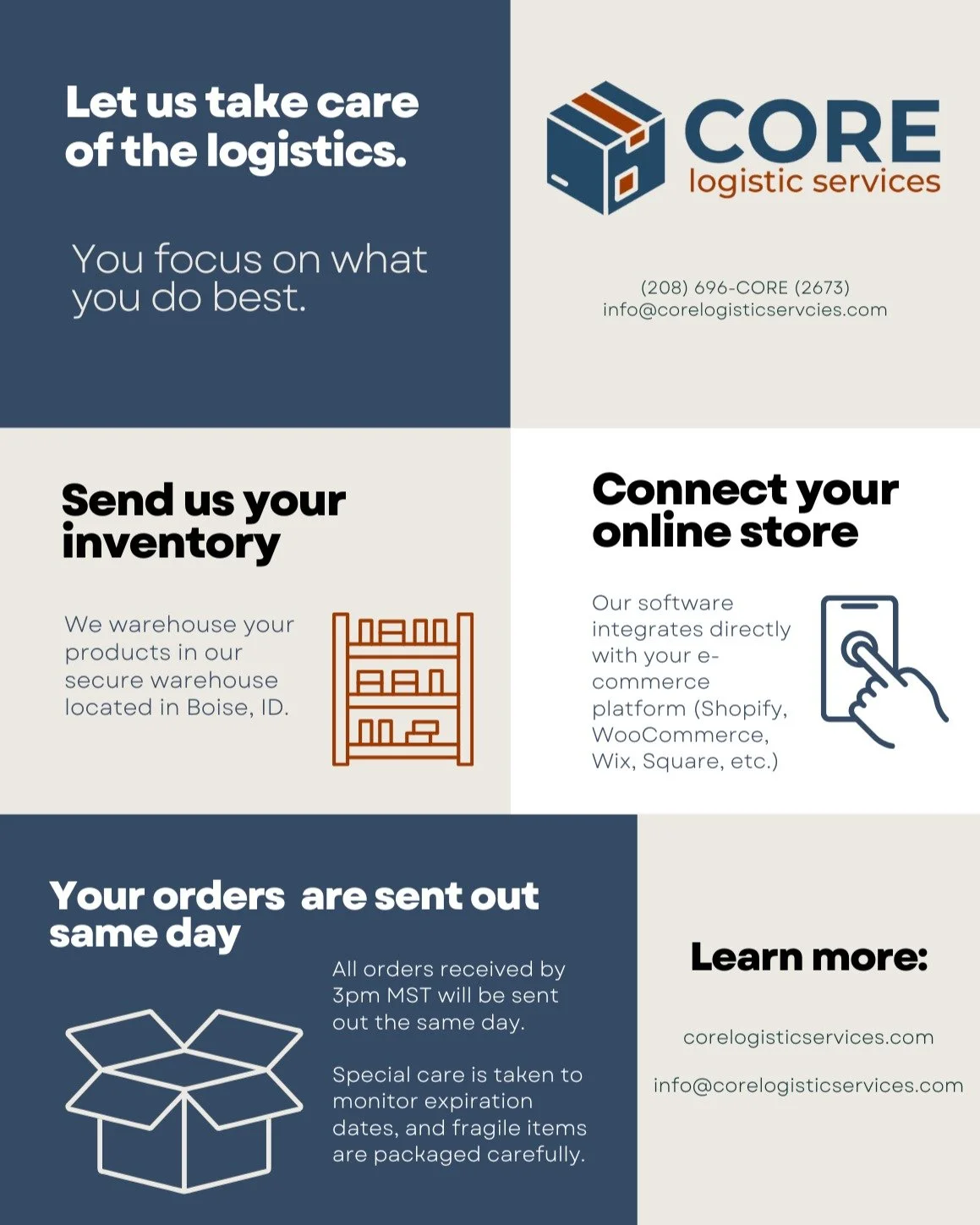 Curious about what it might look like to let someone else handle your order fulfillment?

It isn't as complicated as it may seem, it is as simple as 1, 2, 3.

1 - We store your products. We have a secure facility and take great care in logging and mo