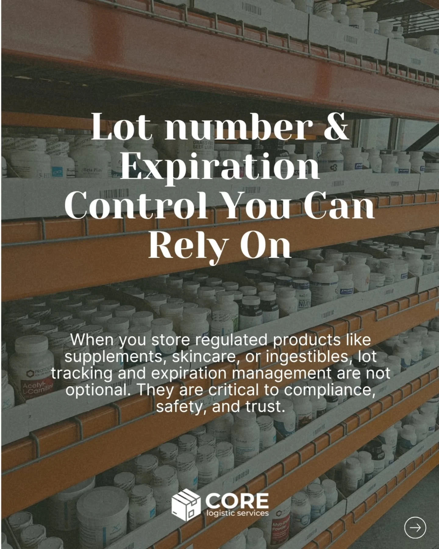 Lot tracking and expiration management are critical for wellness brands. 

We track inventory by lot number and expiration date from the moment it is received and follow FEFO (First Expired, First Out) picking to reduce waste, protect customers, and 