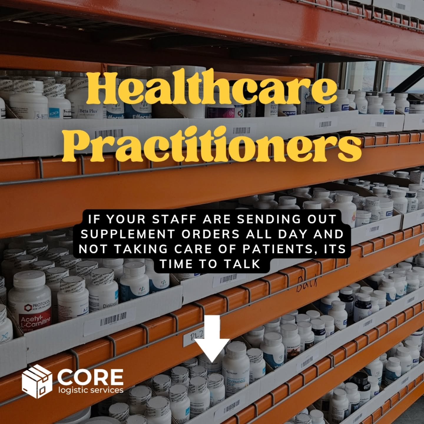 Outsourcing your supplement order fulfillment with us means that:

✨ Your team stays focused on patient care &mdash; not boxing &amp; shipping

📦 We receive, store &amp; manage your inventory so you reclaim valuable office space for exam rooms, staf