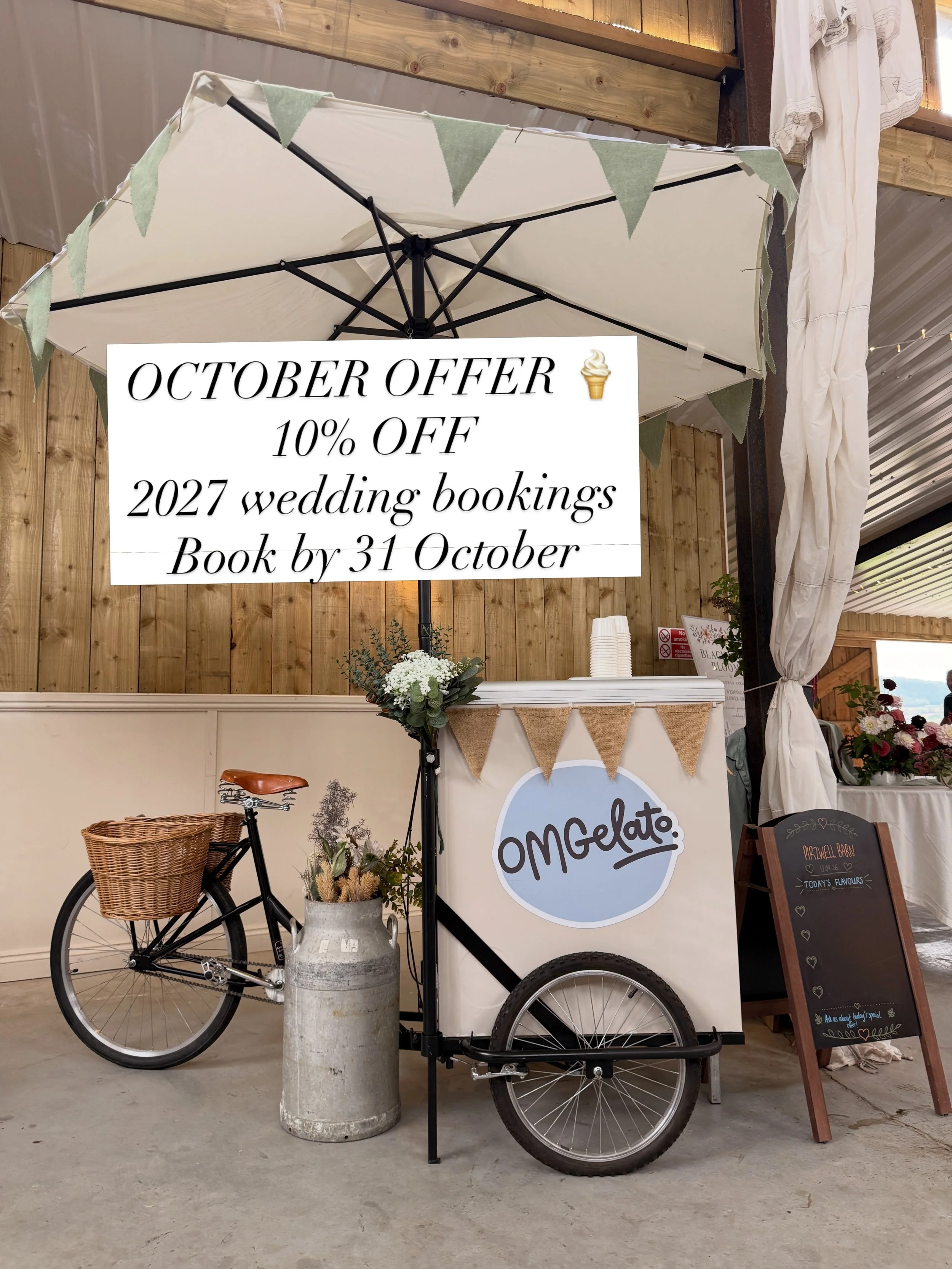 🍦 OCTOBER OFFER 🍦

Planning a 2027 wedding? This one&rsquo;s for you. 🤍

For the whole of October, we&rsquo;re offering 10% OFF your OMGelato booking when you book your date with us before 31st October 2026.

So if you&rsquo;ve got your wedding da