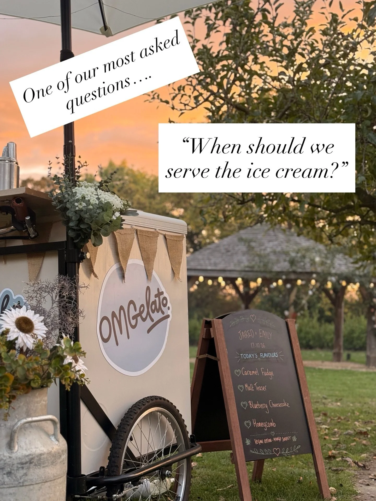 If you could have our little vintage gelato trike turn up at ANY point during your wedding day, when would you choose?

🥂 During the drinks reception?

🍰 After the wedding breakfast?

🎉 In the evening, when everyone&rsquo;s ready for a little pick