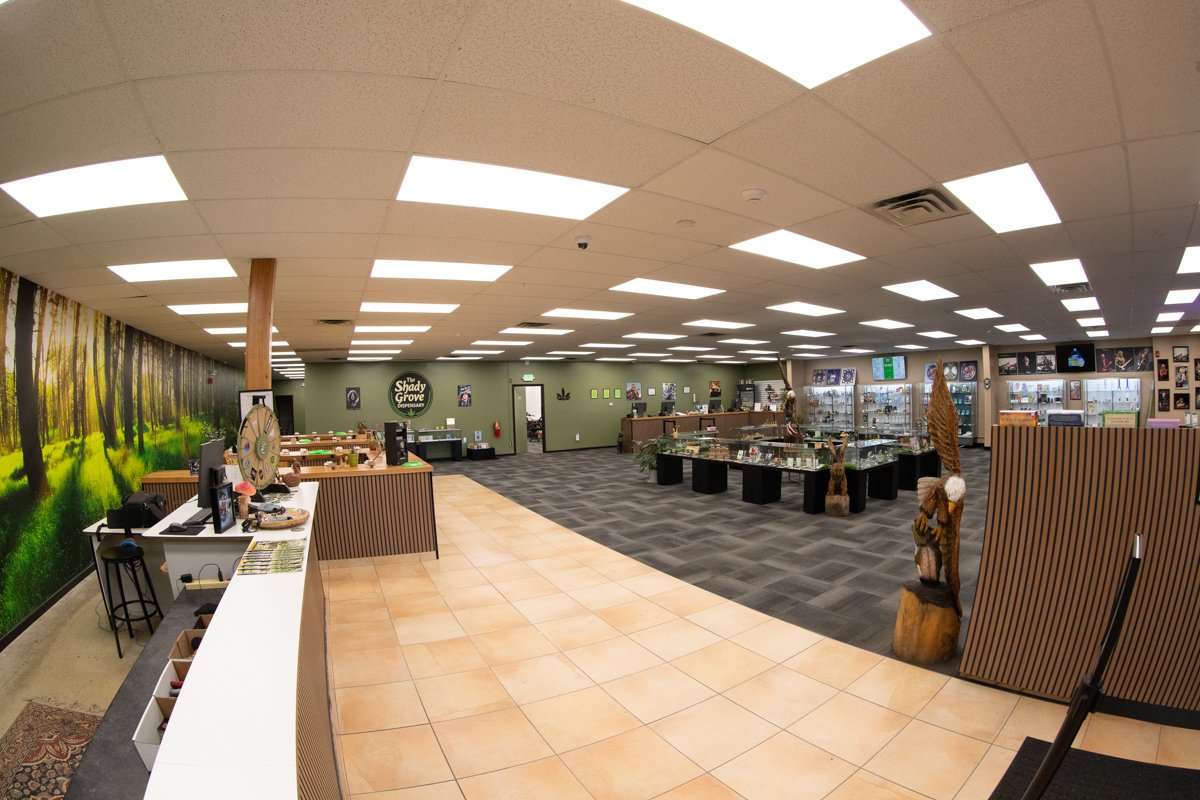 Interior of a dispensary store with display cases, artwork, and wood sculptures.