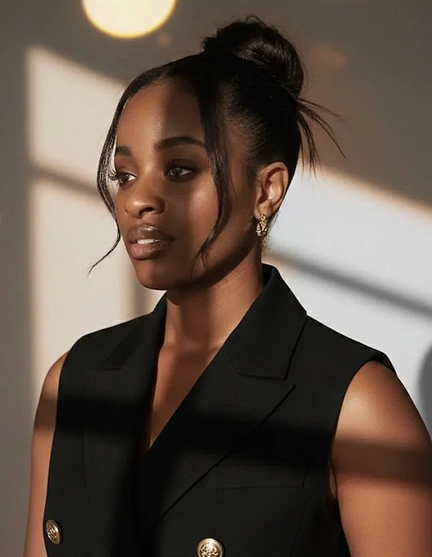 A young African American woman with styled hair in a bun, wearing a black sleeveless blazer with gold buttons, and gold earrings, standing outdoors during sunset with shadows cast on her face and background.