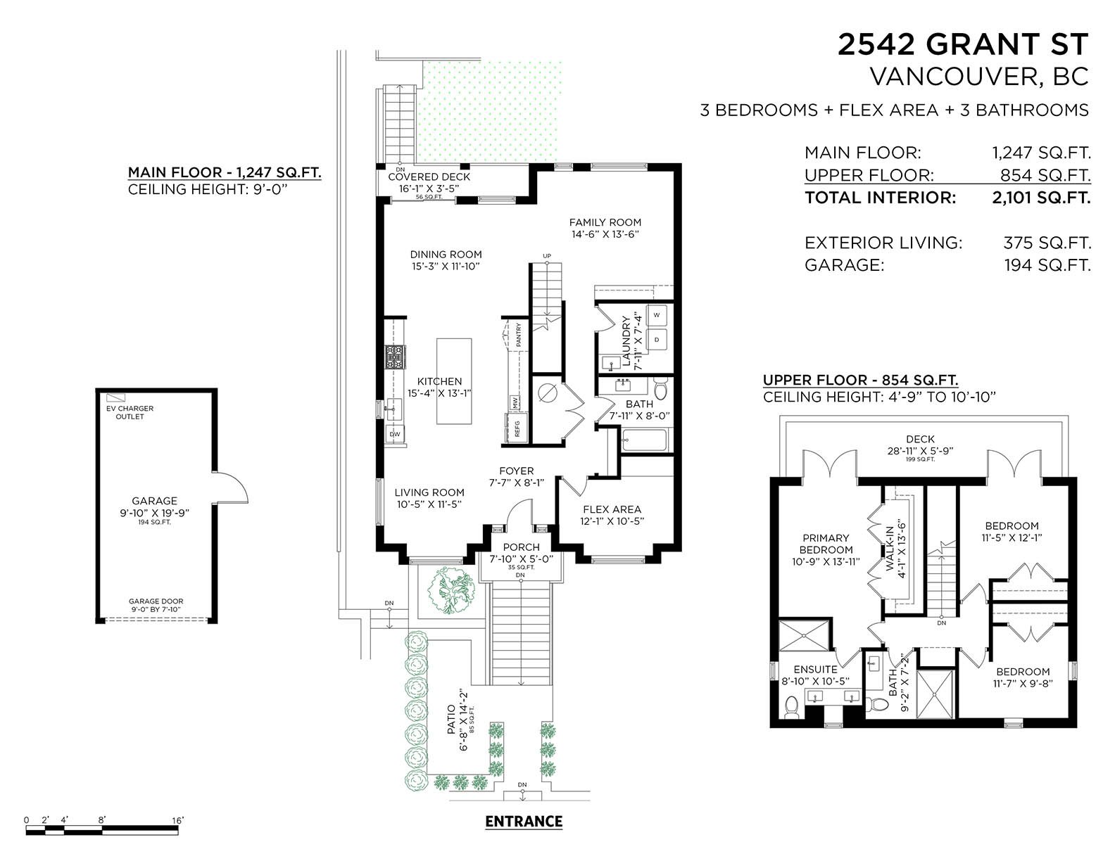 Floor plan for a house at 2542 Grant Street, Vancouver, BC, with three bedrooms, three bathrooms, and a flex area. The plan shows the main floor with a living room, kitchen, dining room, family room, porch, foyer, flex area, bathroom, laundry, and covered deck. The upper floor features three bedrooms, a walk-in closet, two bathrooms, and a primary bedroom with an ensuite. The garage and a patio are also depicted.