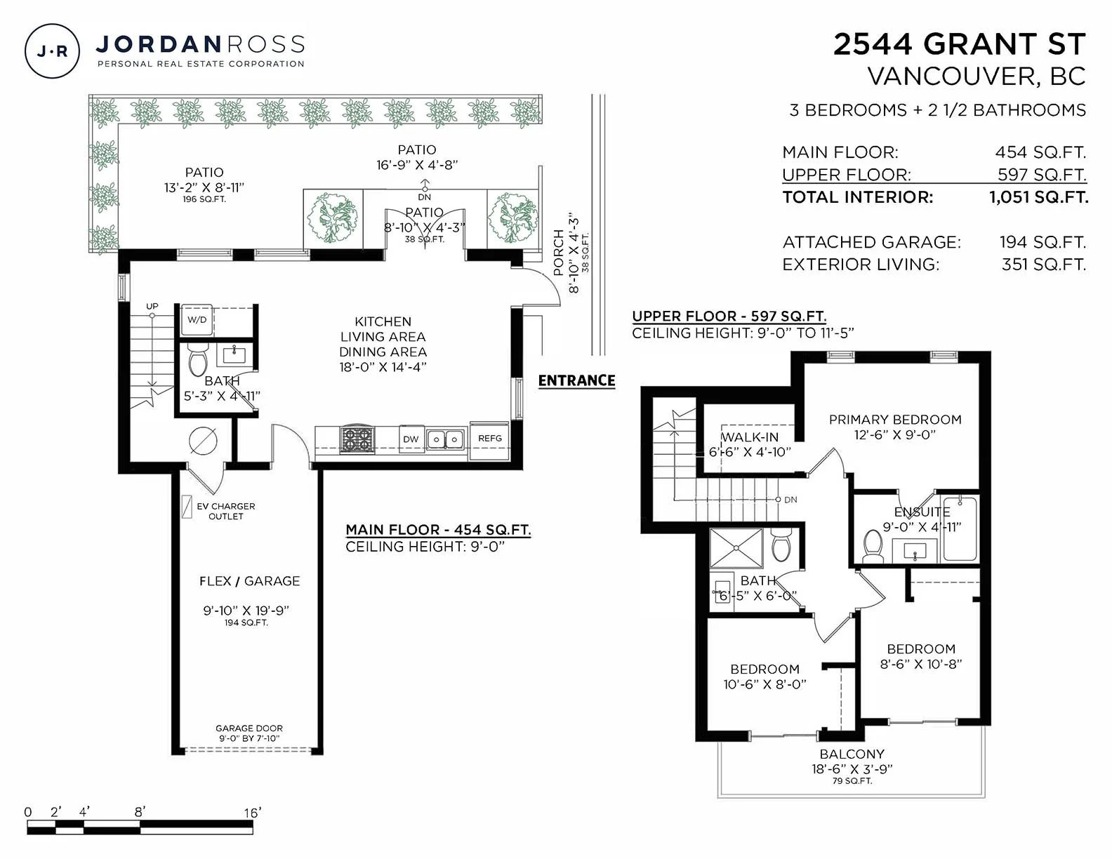 Floor plan of a two-story house at 2544 Grant St, Vancouver, BC. The first floor includes a garage, kitchen, living area, dining area, bathroom, and outdoor patios. The second floor contains three bedrooms, two bathrooms, a walk-in closet, and a balcony.