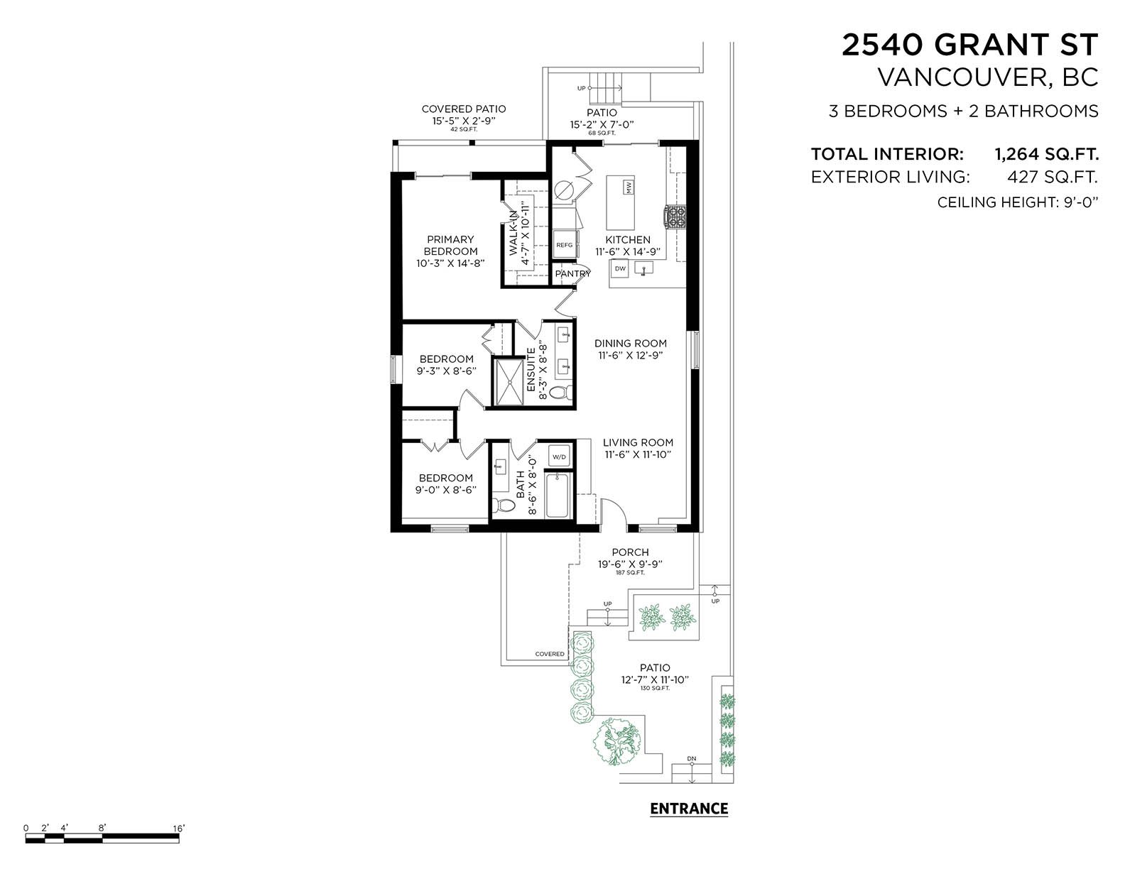 Floor plan of a house located at 2540 Grant Street, Vancouver, BC. The plan displays three bedrooms, two bathrooms, a living room, dining room, kitchen, porch, patio, and covered patio with outdoor spaces. The layout includes labels and dimensions for each room.