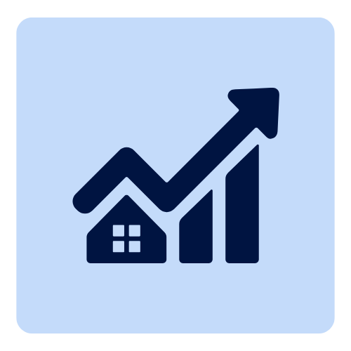 Icon of a house with an upward trending arrow and bar graph, symbolizing real estate growth or increasing property value.