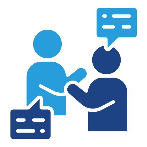 Two people shaking hands with speech bubbles above and below them.