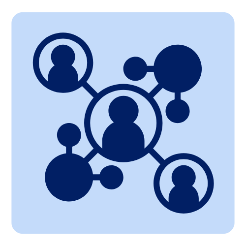 Social network diagram with interconnected user icons inside circles