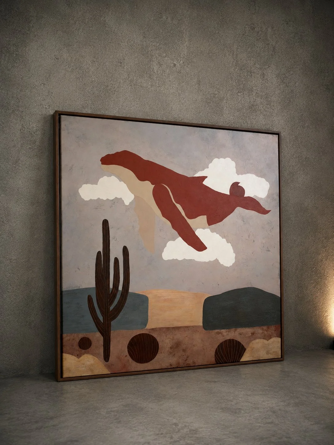 Stylized desert landscape painting featuring a large bird flying in the sky, cacti, and abstract hills with clouds in neutral and earthy tones.