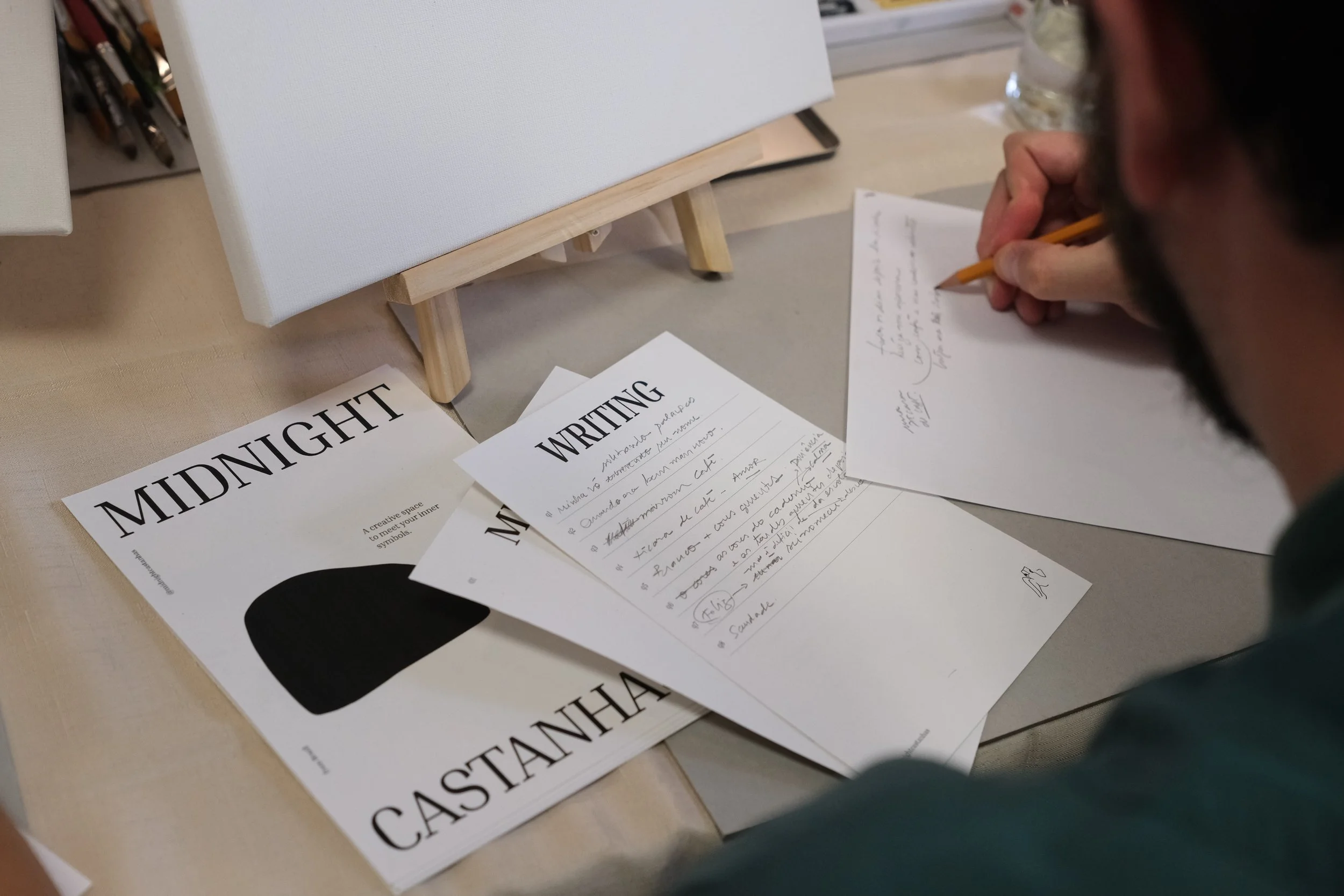 A person writing notes at a desk with papers labeled 'MIDNIGHT' and 'WRITING', a blank white canvas on a small easel, and a glass of water.