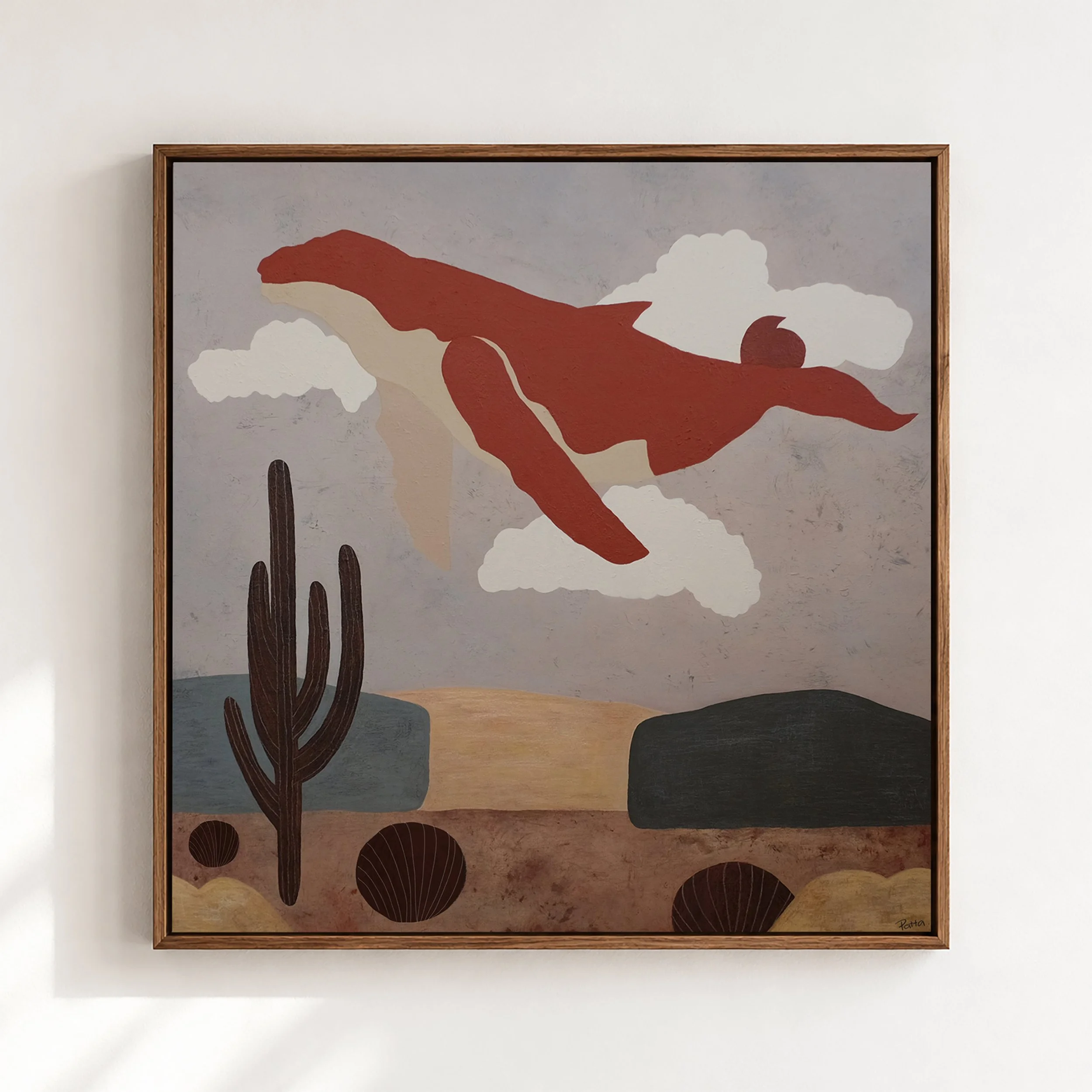 Abstract painting of a desert scene with cacti, dunes, and a sunset sky, signed in the bottom right corner.