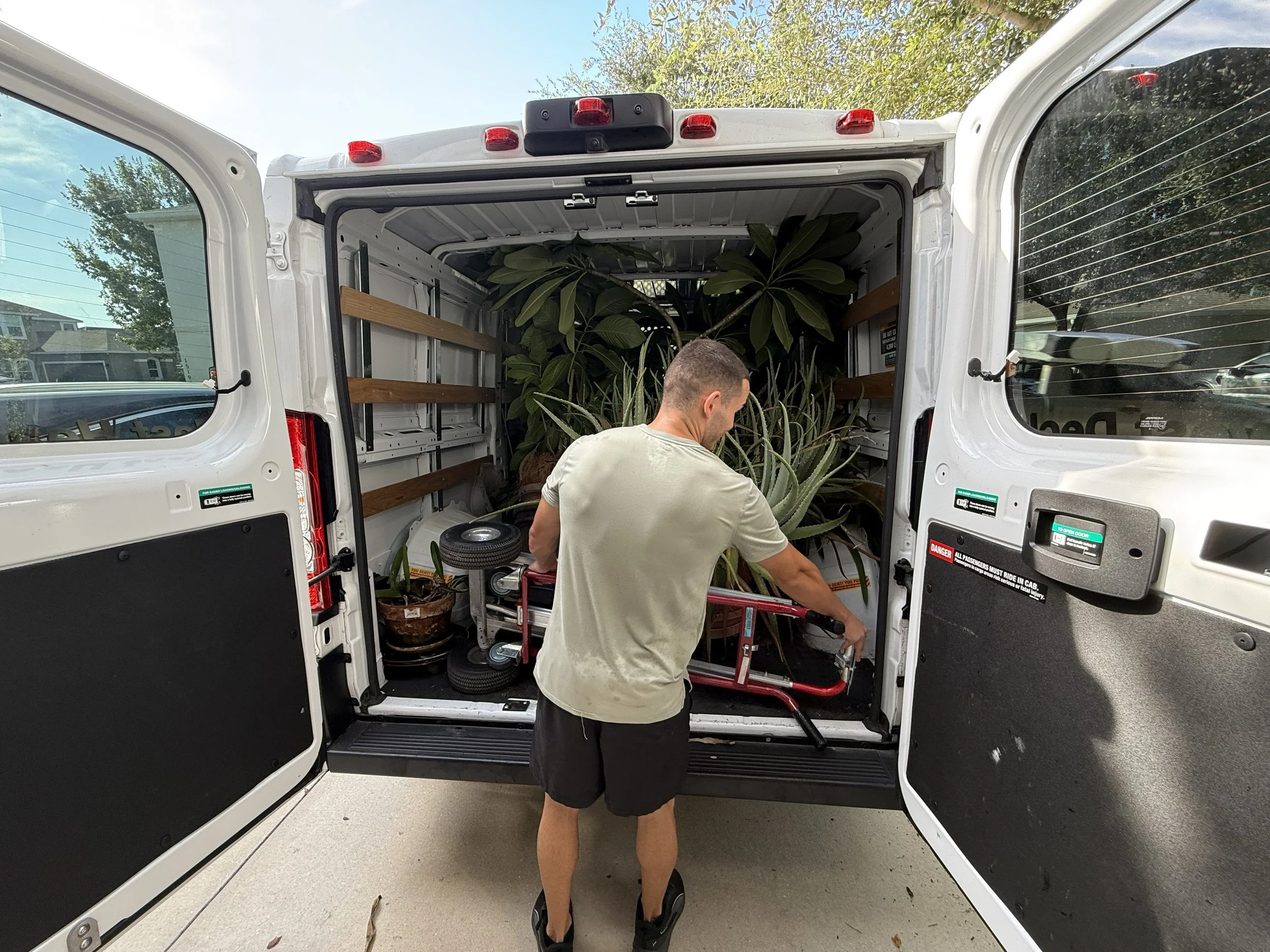 A man loading large potted plants into the back of a white cargo van parked outside. The van's doors are open, revealing several plants, including large leafy plants and succulents, inside.