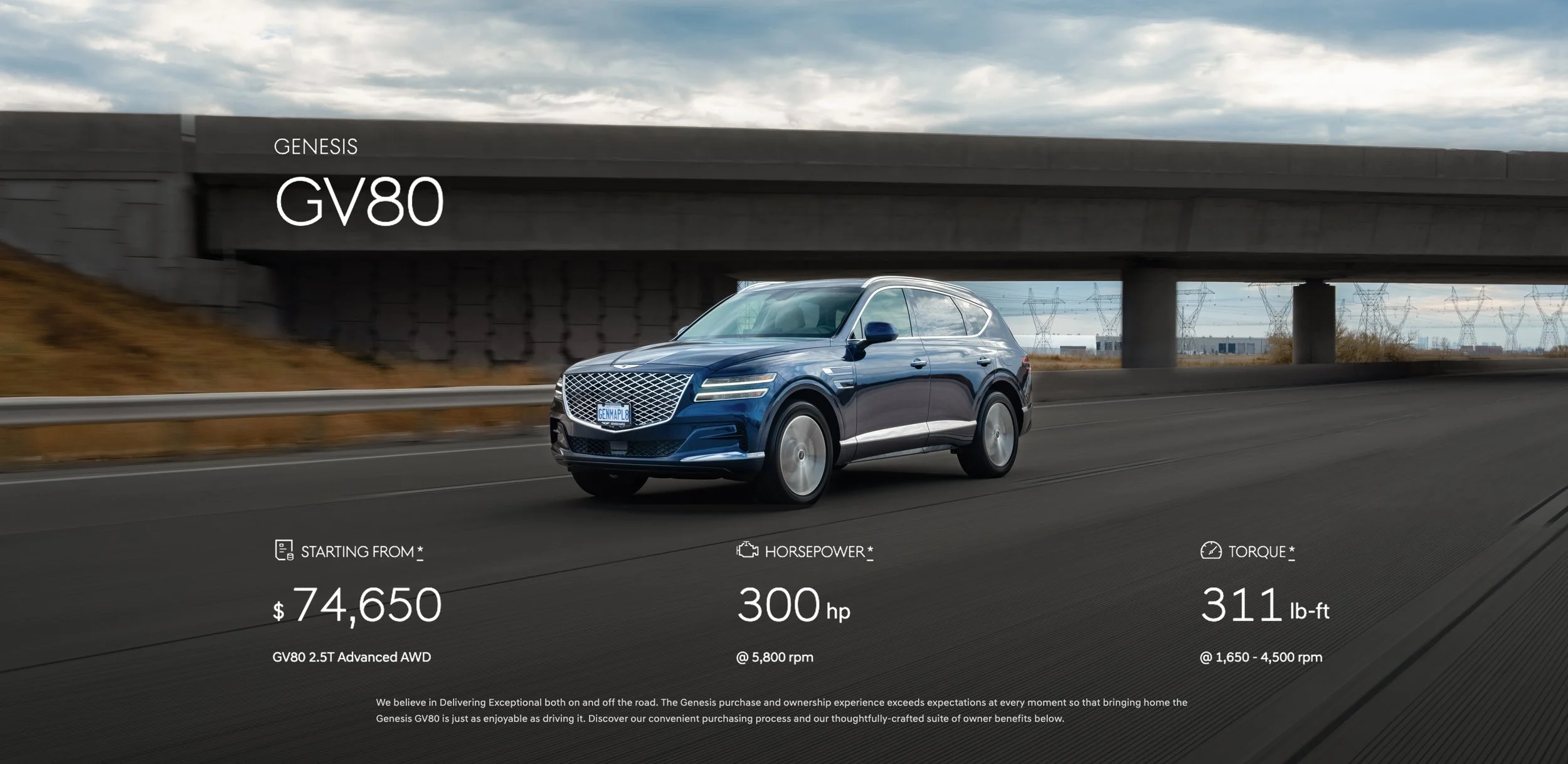 A blue Genesis GV80 SUV driving on a highway under an overpass with cloudy skies in the background. Overlaid text displays the vehicle's starting price, horsepower, and torque specifications.