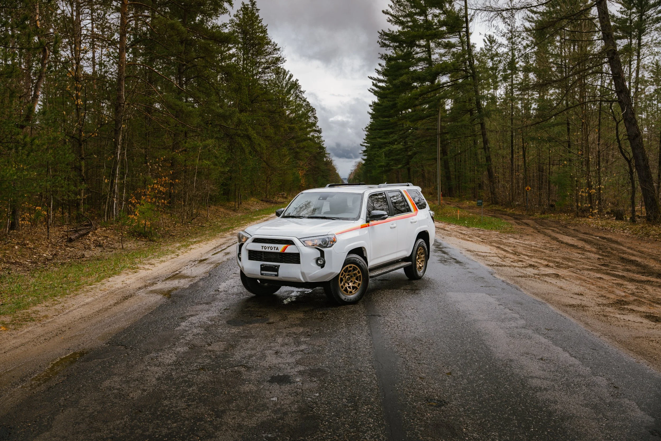 A white Toyota SUV with colorful stripes parked on a muddy road surrounded by tall pine trees under a cloudy sky.