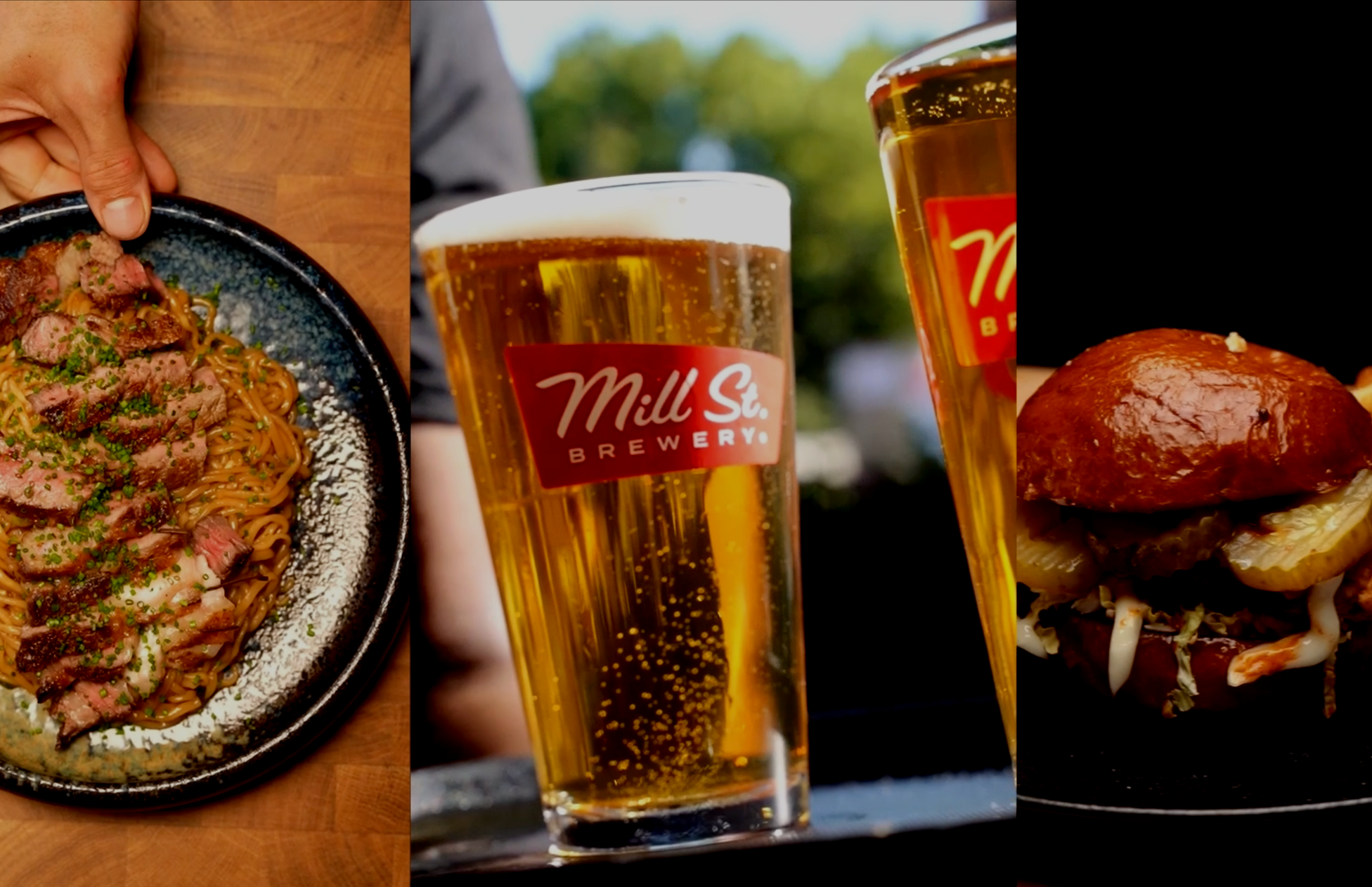 A plate of grilled steak and noodles on a black dish, two glasses of beer with Mill St. Brewery logo, and a burger with a pretzel bun on a black surface.