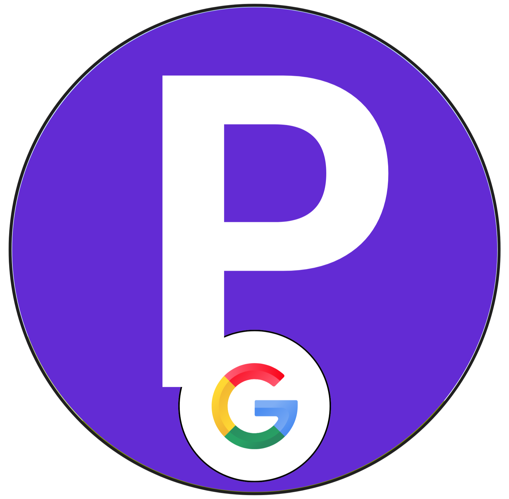 Google Pixel 5 logo with the letter 'P' in white on a purple circular background, featuring a smaller Google 'G' logo at the bottom inside the circle.