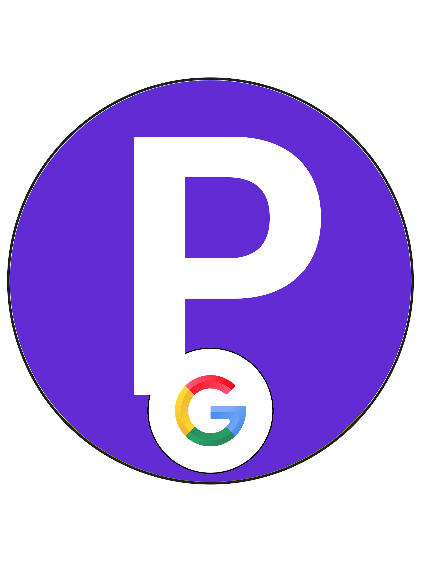 Google Plus logo with a large white 'P' in the center on a purple circle, with a small Google 'G' logo at the bottom.
