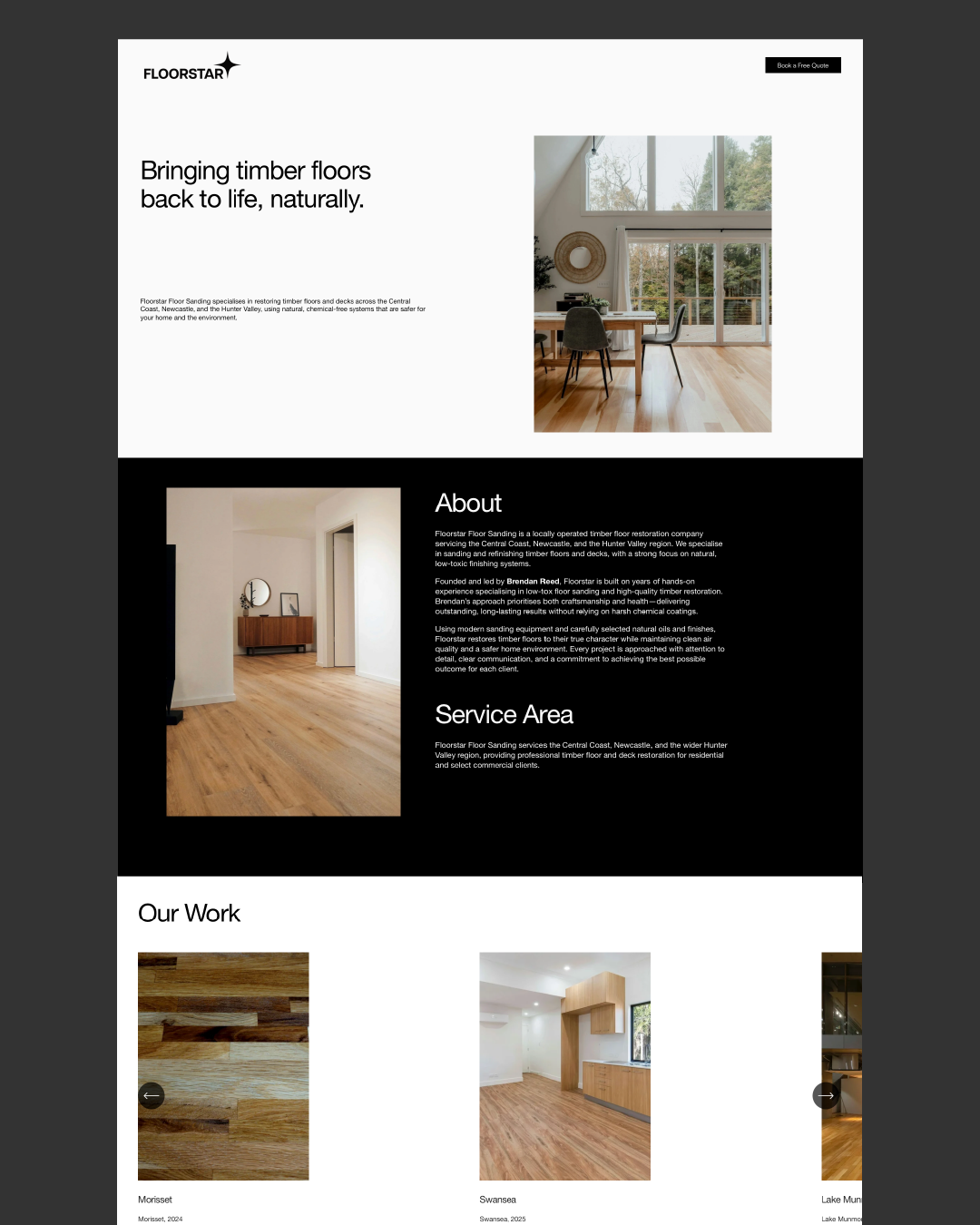 Website homepage of flooring company featuring images of timber floors inside homes, with sections about services and work portfolio.