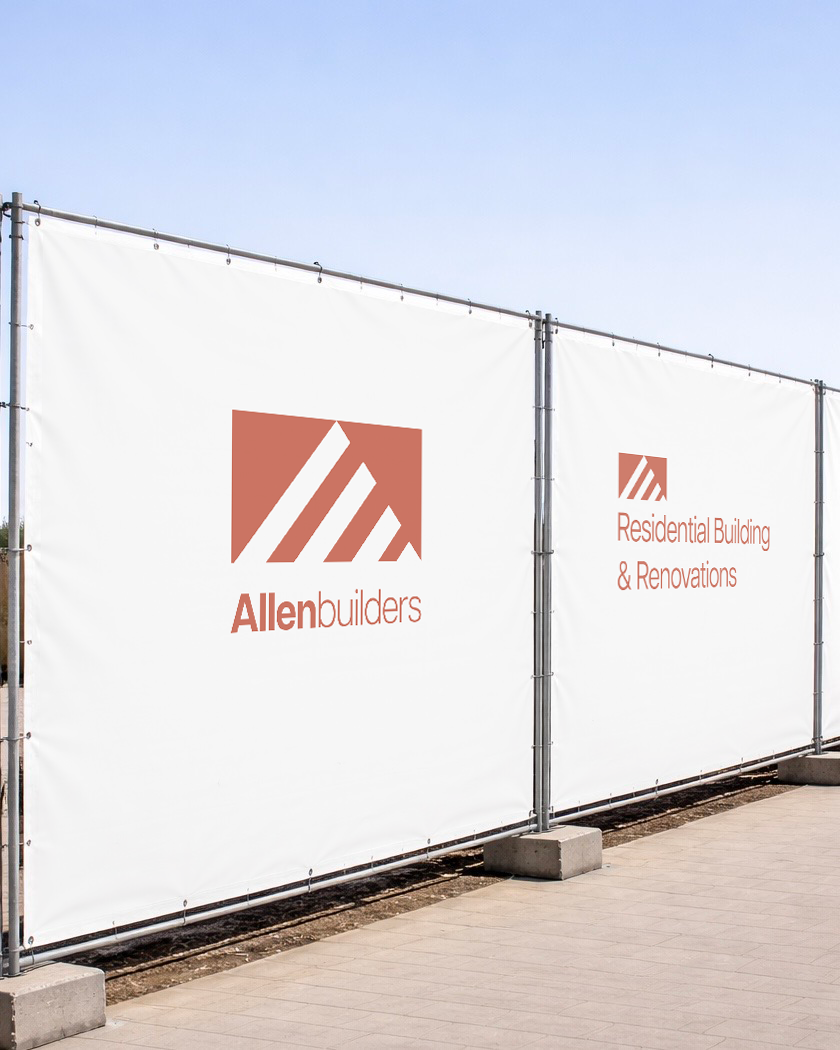 Banner display for Allen Builders, a residential building and renovations company, featuring a stylized logo with slanted lines and text in red.