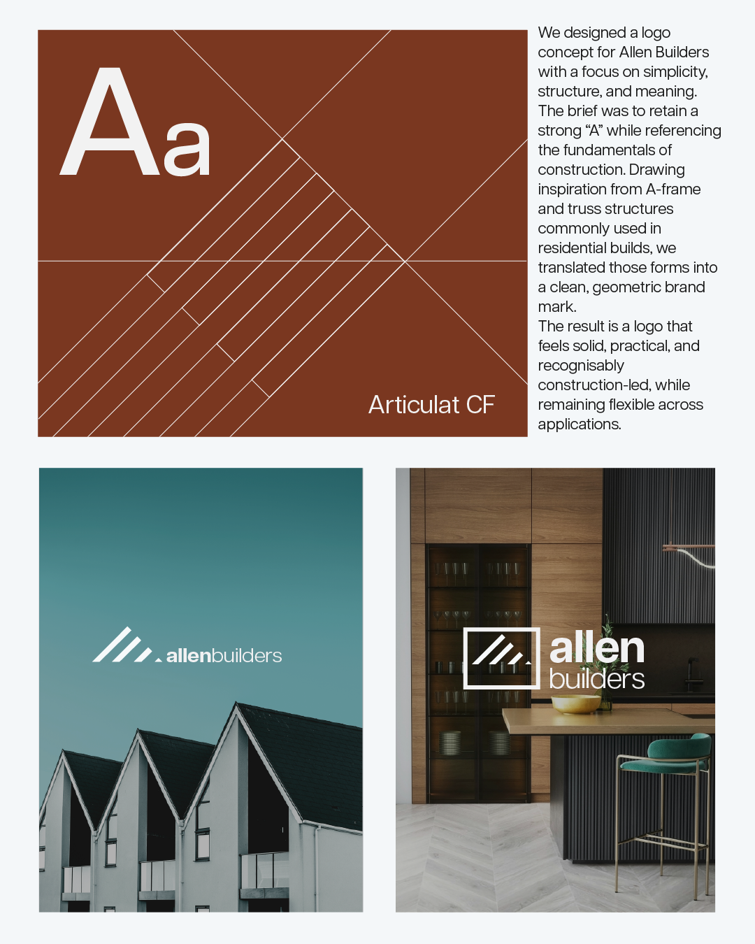 A design board showcasing a logo concept for Allen Builders, featuring a brown background with white geometric lines forming an abstract 'A', and text explaining the design inspiration. Below, two images display residential architecture and a modern 