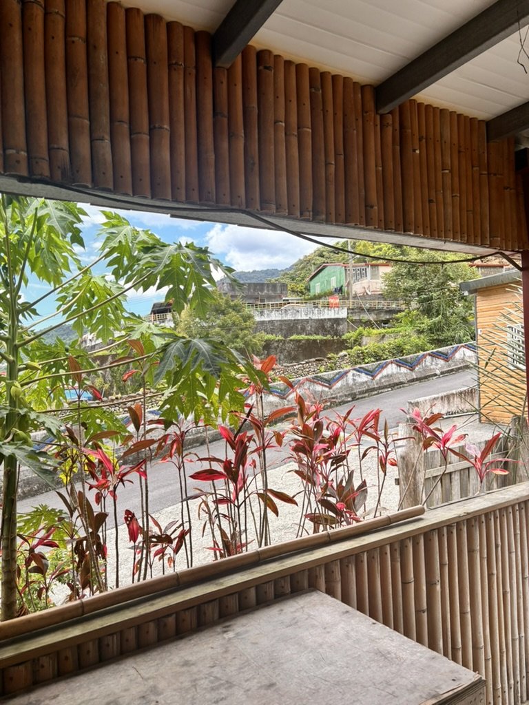 View from a porch with bamboo wall and counter, looking out to a street with colorful plants and houses on a hillside under a bright blue sky with some clouds.
