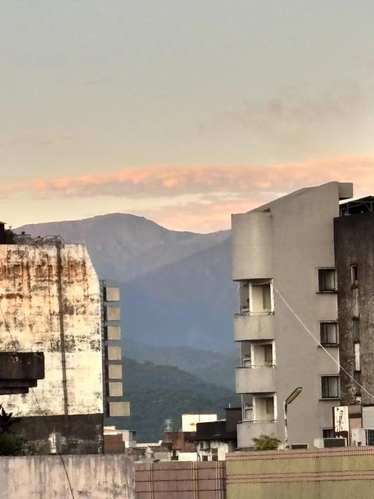 Cityscape with mid-rise buildings and mountain range in the background during sunset or sunrise.