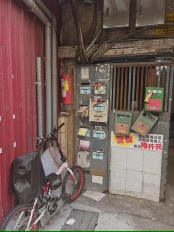 A bicycle leaning against a wall near a row of postal mailboxes in an alleyway, with electrical boxes and pipes above.