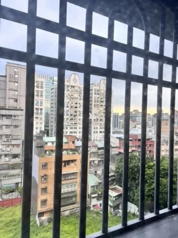 View of city buildings seen through a metal balcony railing with a geometric pattern in an urban area.