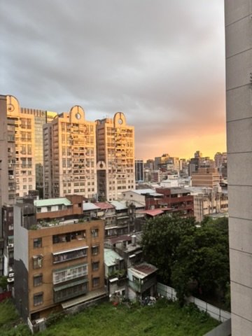 Cityscape at sunset with tall residential buildings, shorter older buildings, and greenery in the foreground.