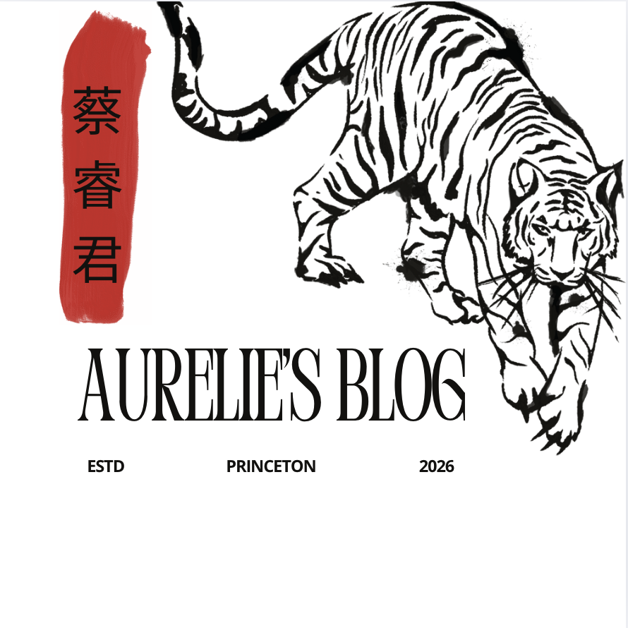 A stylized black and white illustration of a tiger, with a red vertical stripe on the left side containing Chinese characters. The text 'AURELIE'S BLOG' is displayed prominently below the tiger, along with smaller text reading 'ESTD PRINCON 2026'.