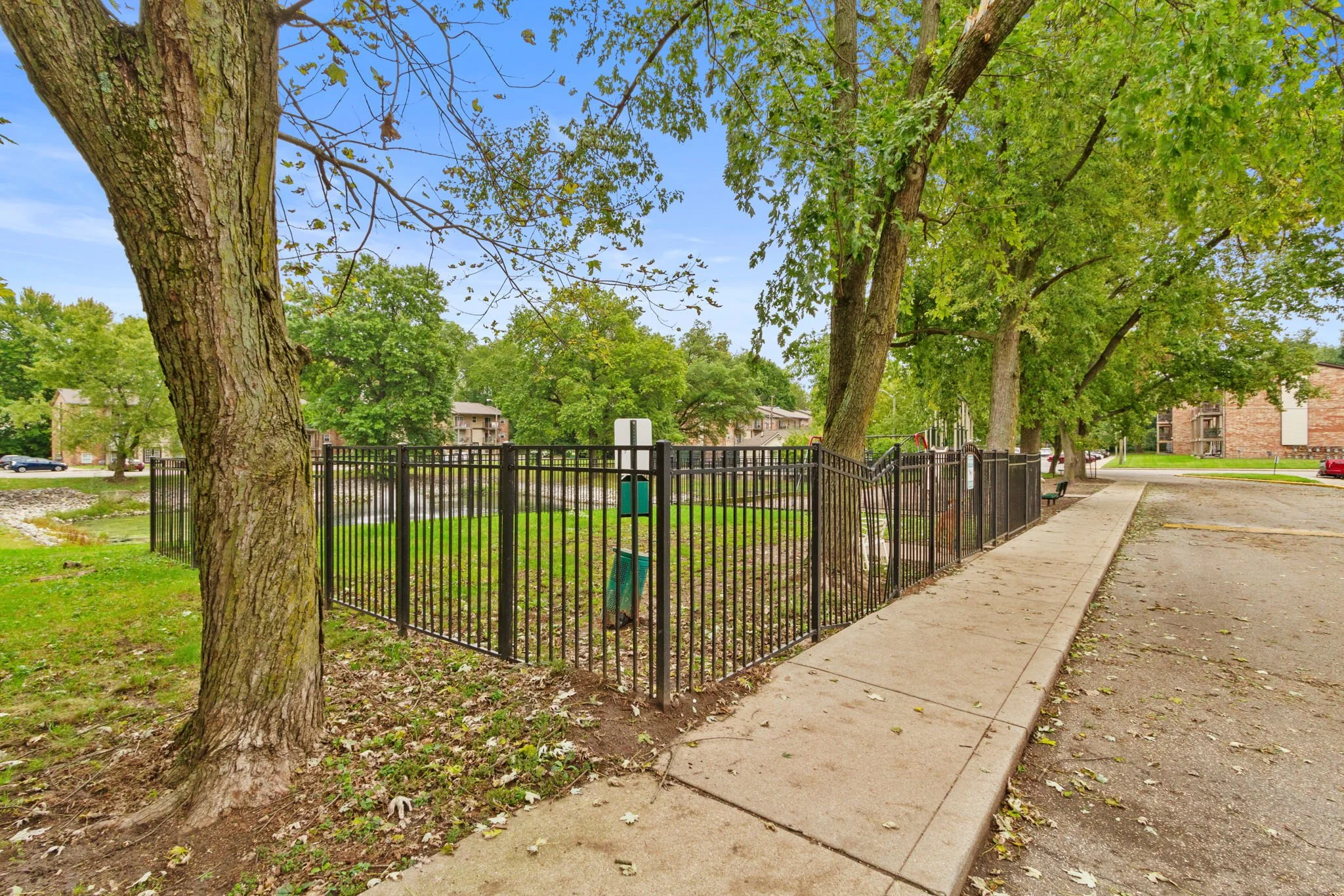 A fenced dog park with trees, a sidewalk, and residential buildings in the background.