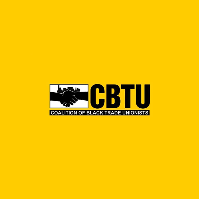 Logo of the Coalition of Black Trade Unionists (CBTU) featuring two black hands shaking, with a silhouette of a city skyline in the background, on a yellow background.