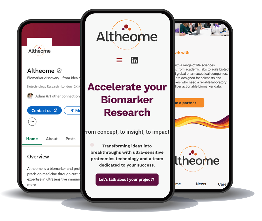 Three smartphones displaying pages from the Altheome website, focused on biomarker research, featuring the slogan “Accelerate Your Biomarker Research.”