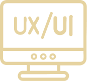 Computer monitor displaying the text “UX/UI” prominently on the screen.
