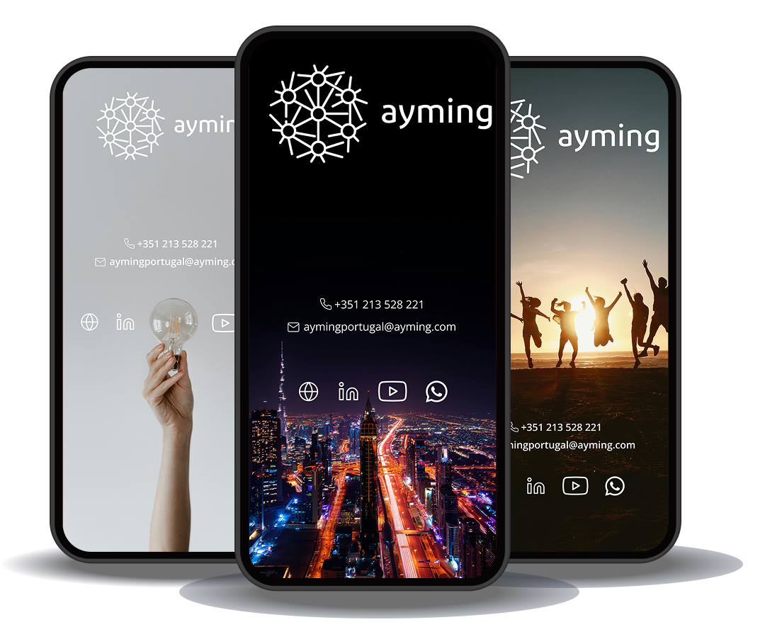 Three smartphones displaying different contact screens: one with a light background and a person holding a lightbulb, another with a city lit up at night, and the third showing people celebrating at sunset. All screens feature the Ayming logo
