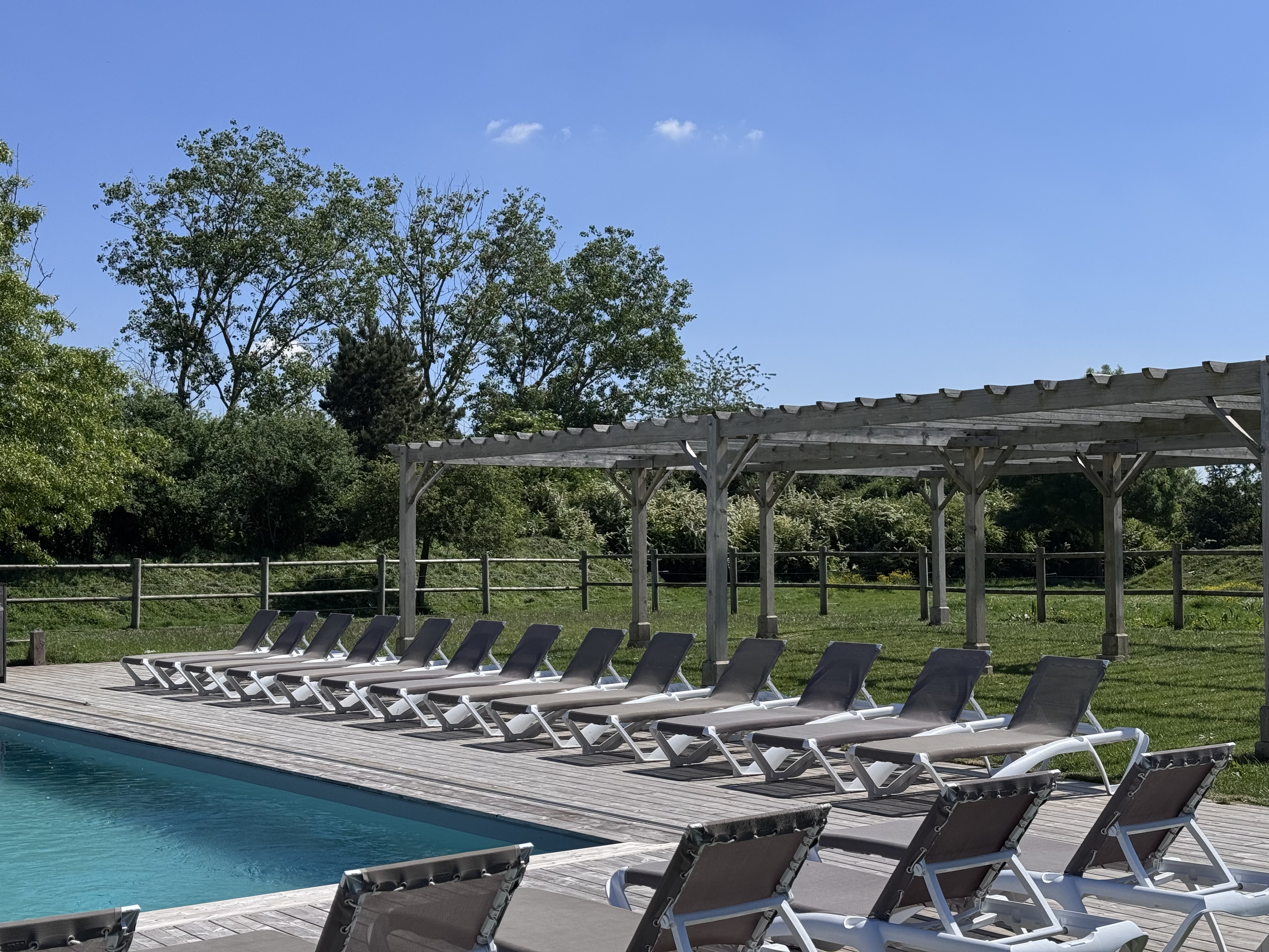 Chaises longues blanches alignées au bord d'une piscine, ombragées par un pergola en bois, avec des arbres feuillus en arrière-plan et un ciel bleu clair avec quelques nuages.