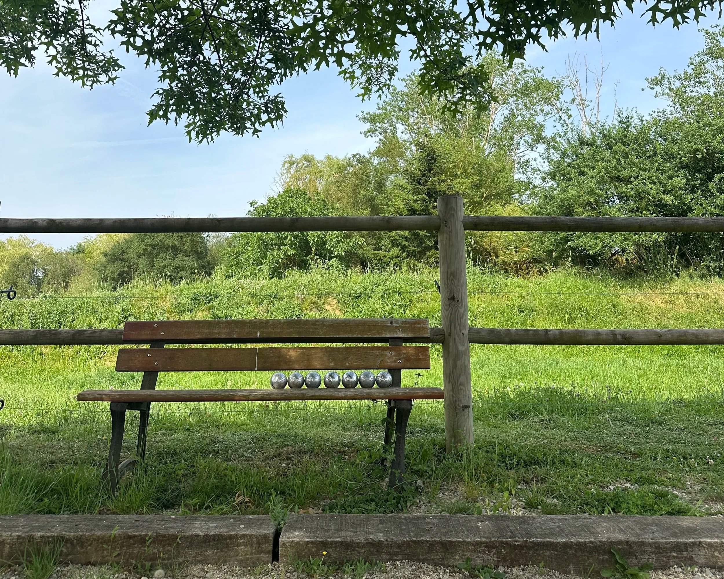Banc en bois dans un parc avec des arbres verts en arrière-plan sous un ciel bleu.