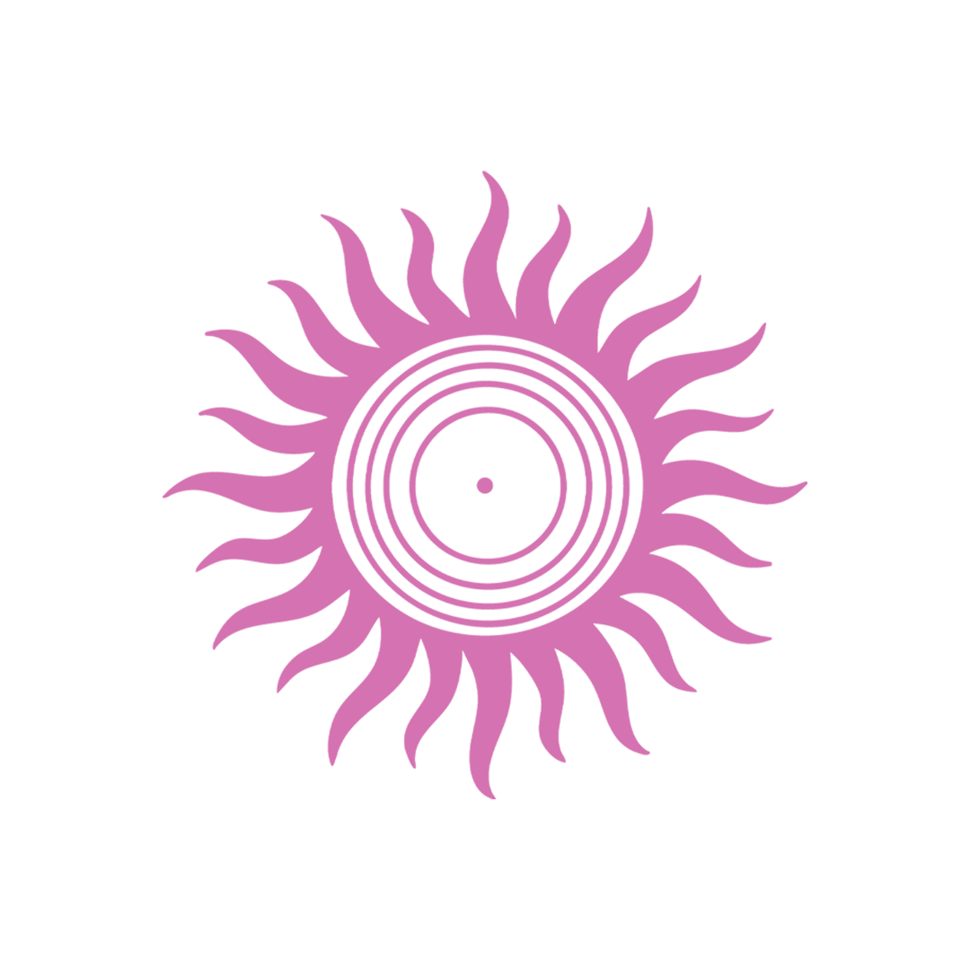 A pink abstract sun design with wavy rays surrounding concentric circles on a black background.