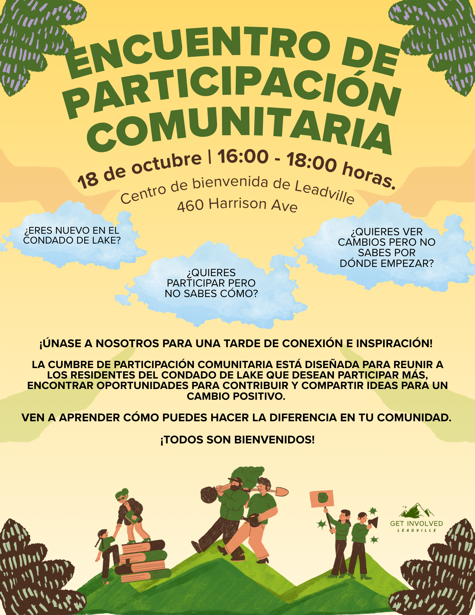 Flyer for a community participation event in Leadville, featuring information about the date, time, location, and a welcoming message, with illustrations of people engaging in outdoor activities and environmental conservation.